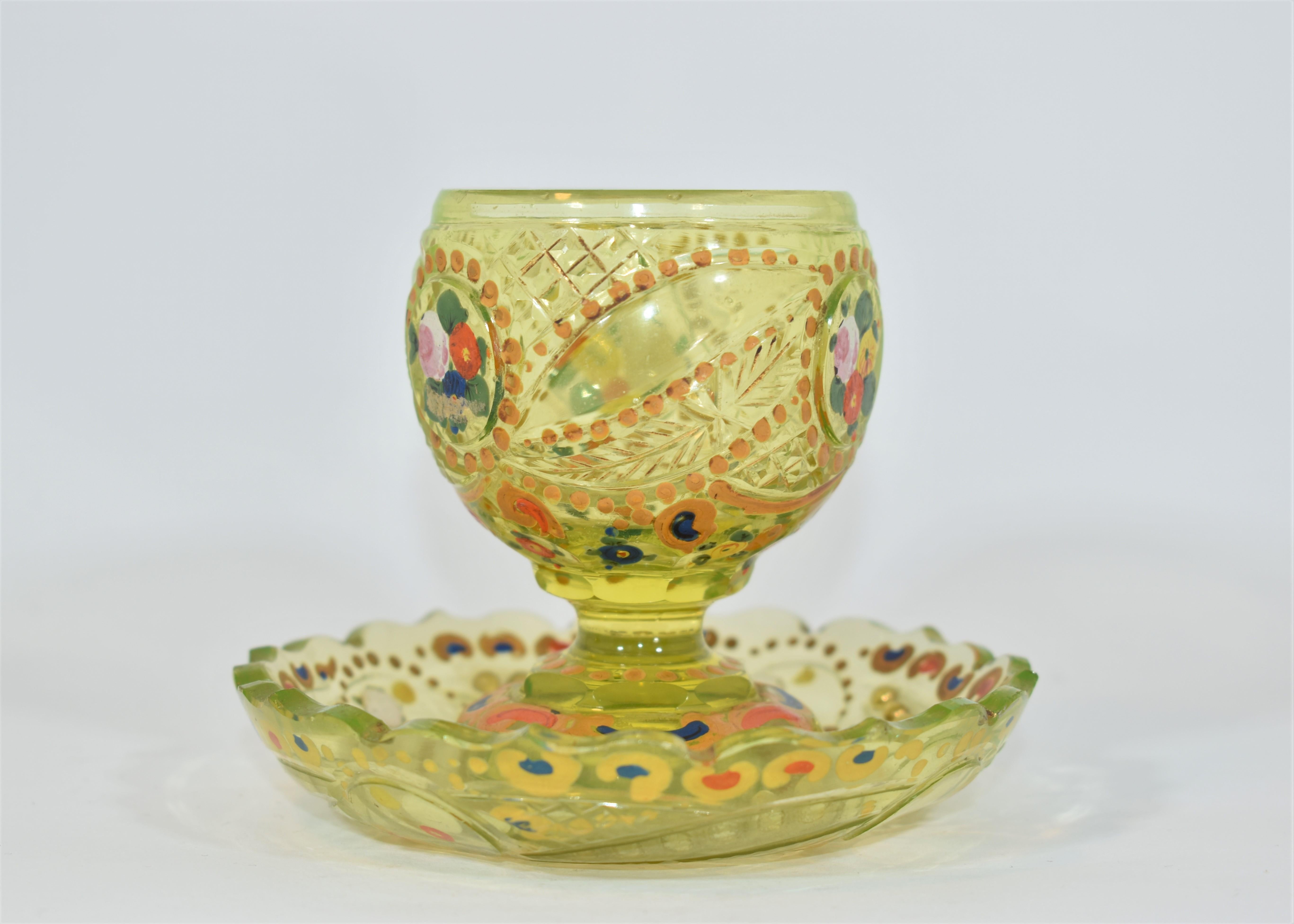 Enameled Two Antique Islamic Bohemian Uranium Glass Sugar Bowls, 19th Century For Sale