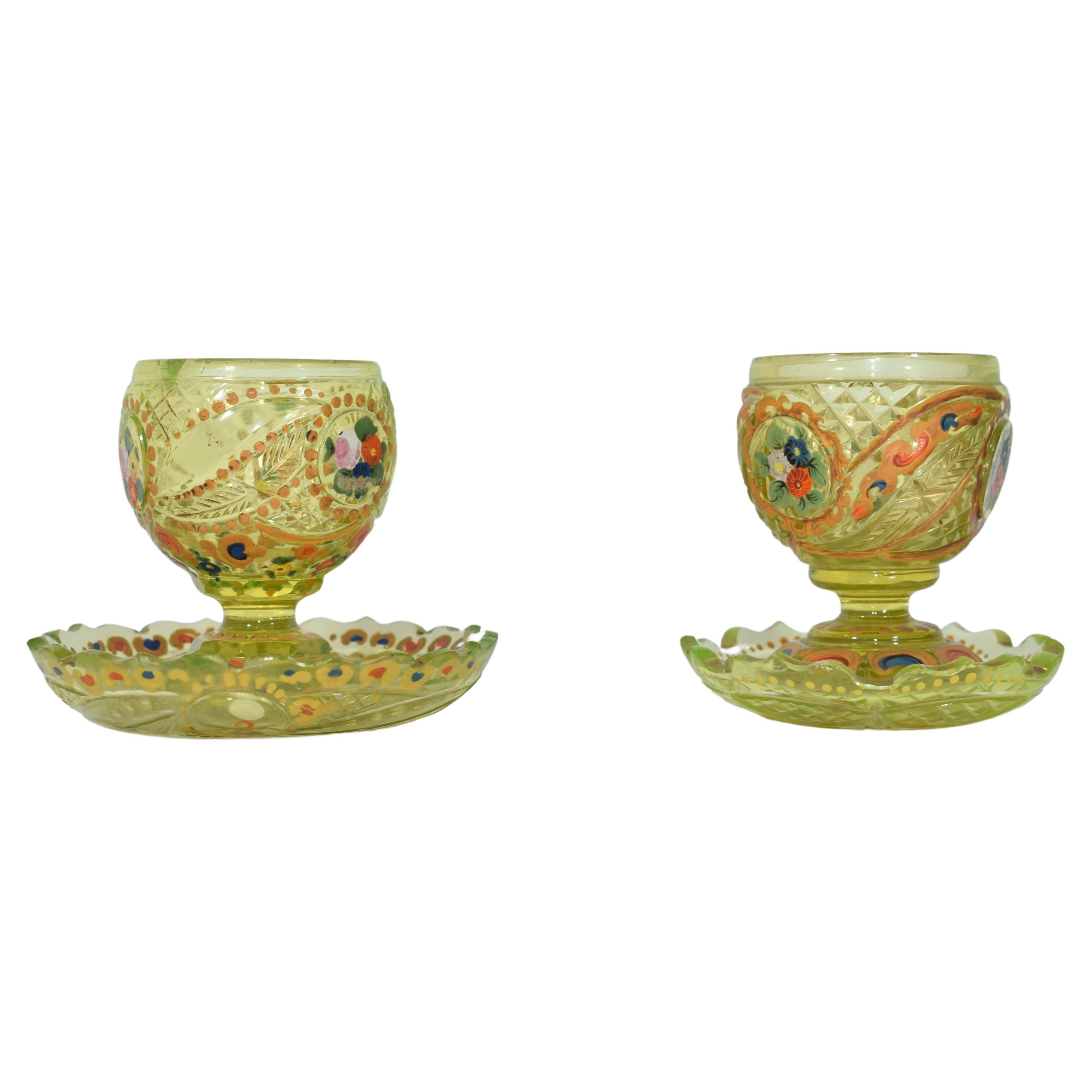Two Antique Islamic Bohemian Uranium Glass Sugar Bowls, 19th Century