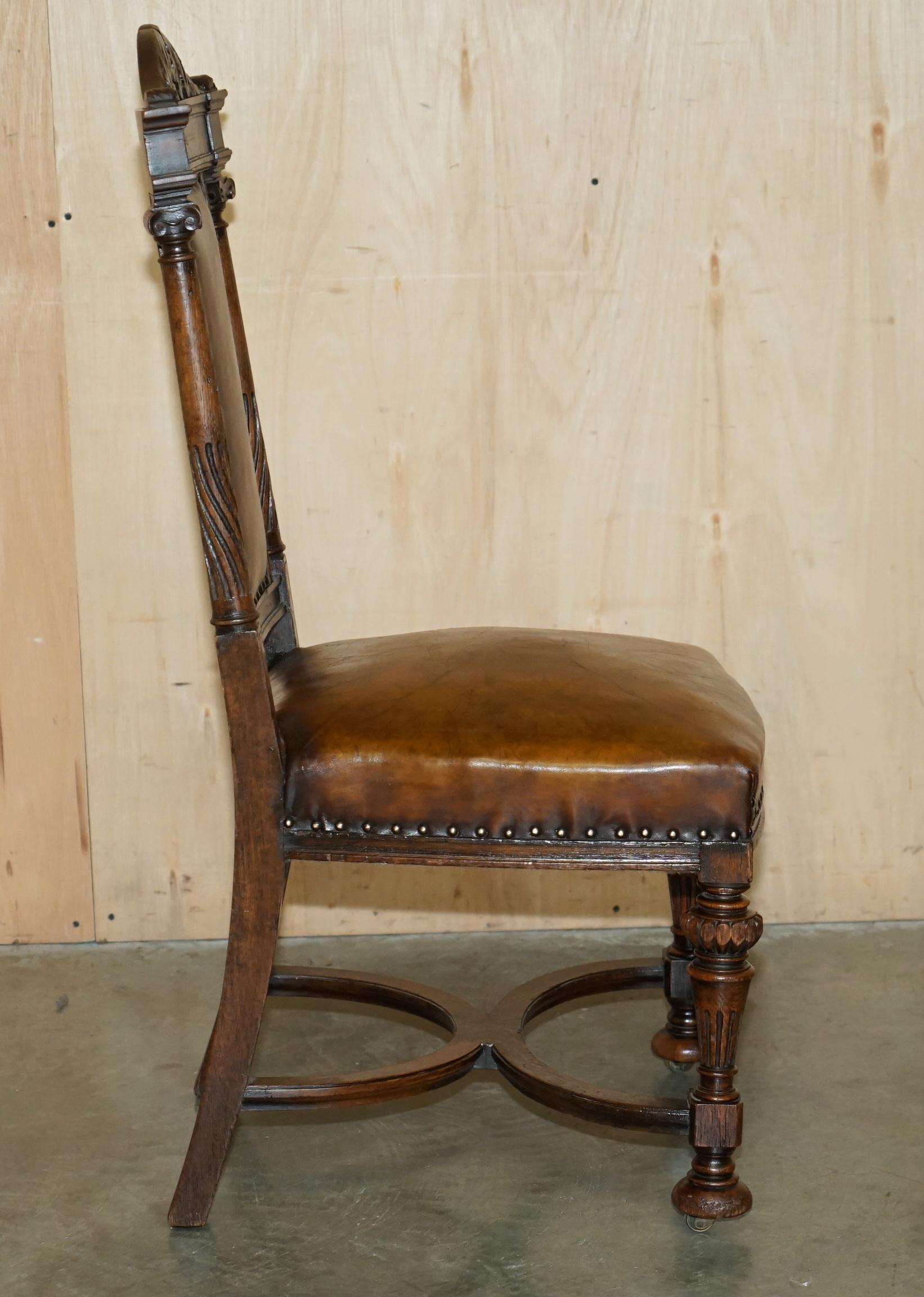 TWO ANTIQUE ITALIAN GRAND TOUR CORINTHIAN PILLAR BROWN LEATHER SIDE HALL CHAIRs For Sale 4