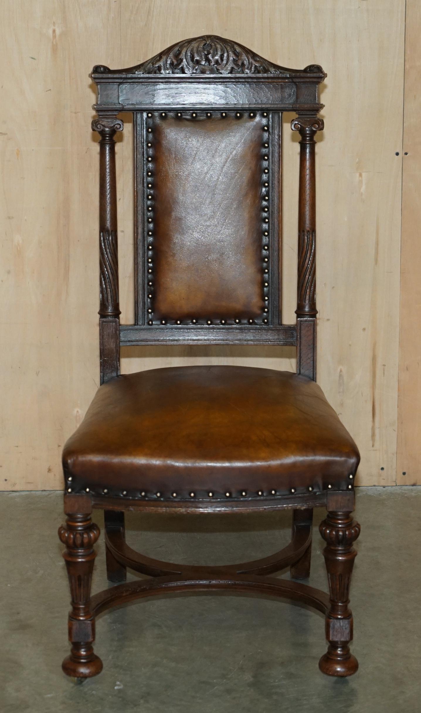 TWO ANTIQUE ITALIAN GRAND TOUR CORINTHIAN PILLAR BROWN LEATHER SIDE HALL CHAIRs For Sale 11