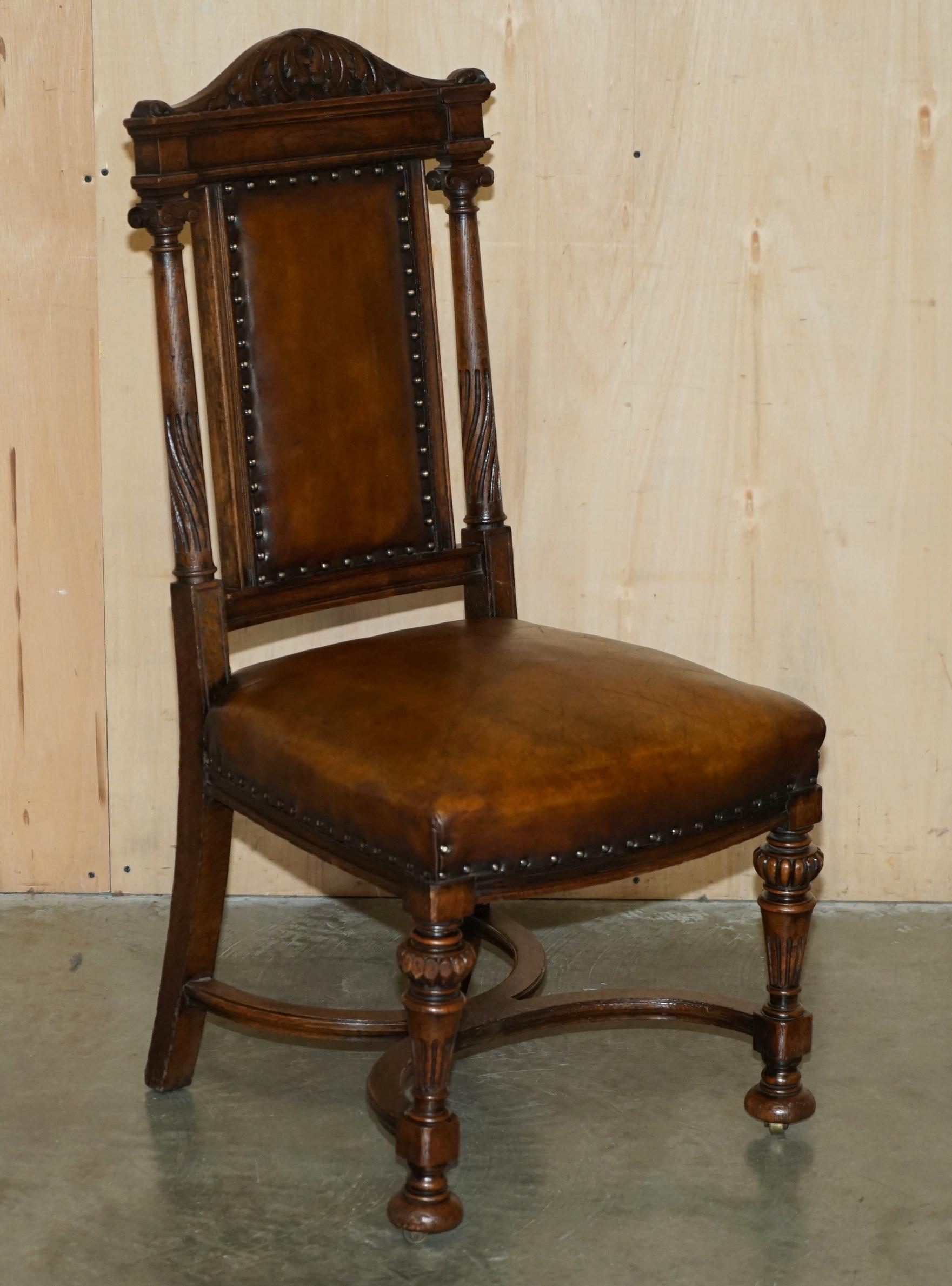 Royal House Antiques

Royal House Antiques is delighted to offer for sale this stunning pair of fully restored original Italian side hall chairs with hand carved Corinthian pillar side panels and hand dyed brown leather upholstery 

Please note the