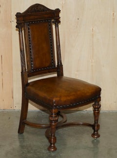 TWO ANTIQUE ITALIAN GRAND TOUR CORINTHIAN PILLAR BROWN LEATHER SIDE HALL CHAIRs