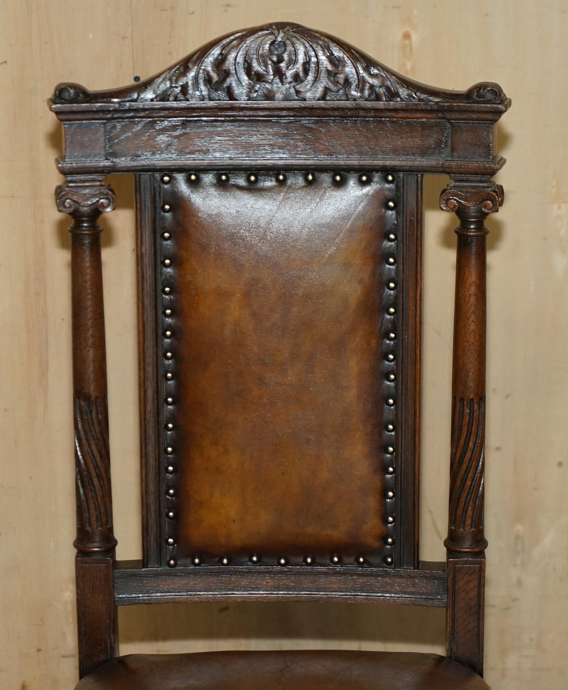 TWO ANTIQUE ITALIAN GRAND TOUR CORINTHIAN PILLAR BROWN LEATHER SIDE HALL CHAIRs For Sale 12