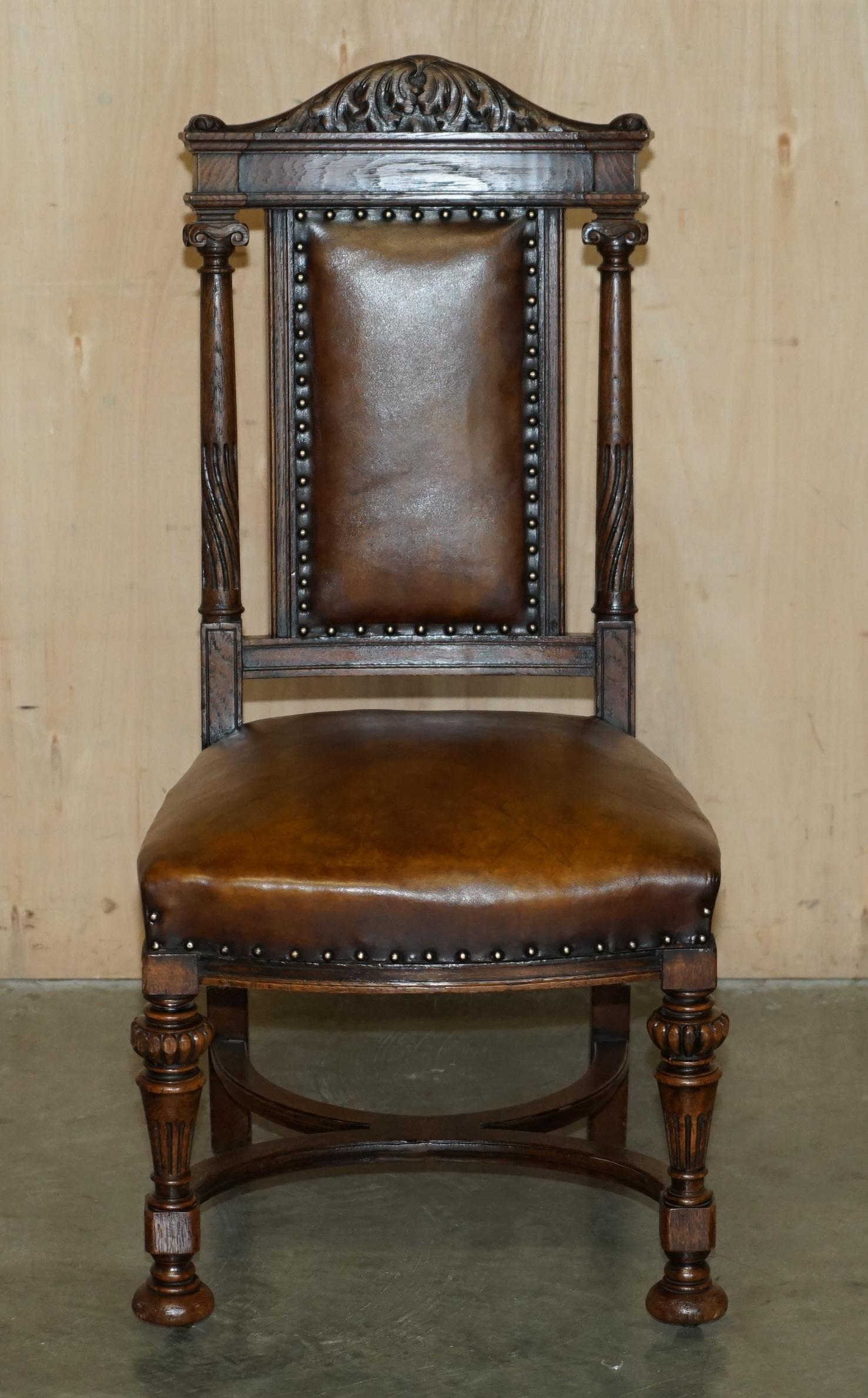 Victorian TWO ANTIQUE ITALIAN GRAND TOUR CORINTHIAN PILLAR BROWN LEATHER SIDE HALL CHAIRs For Sale