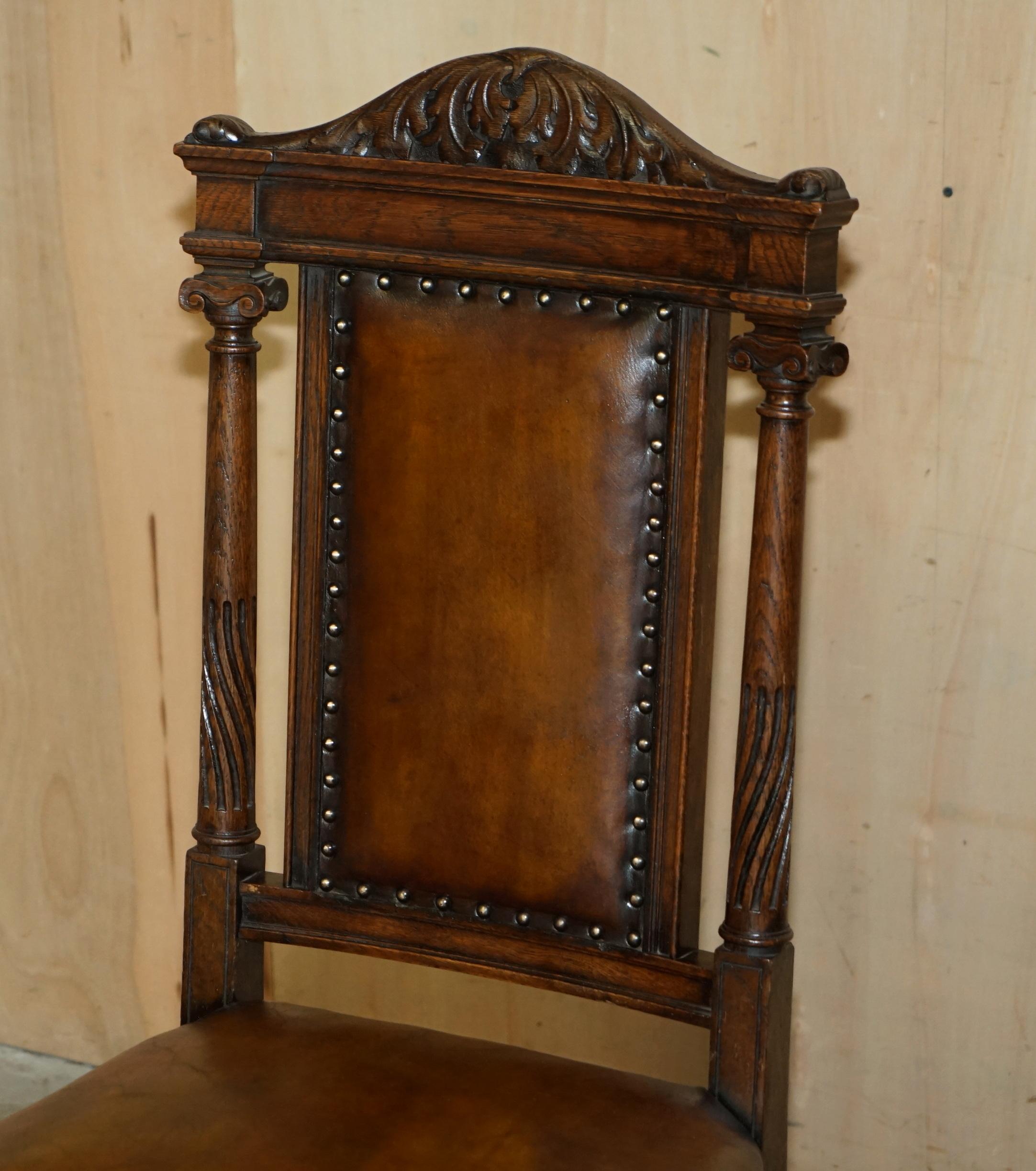 Hand-Crafted TWO ANTIQUE ITALIAN GRAND TOUR CORINTHIAN PILLAR BROWN LEATHER SIDE HALL CHAIRs For Sale