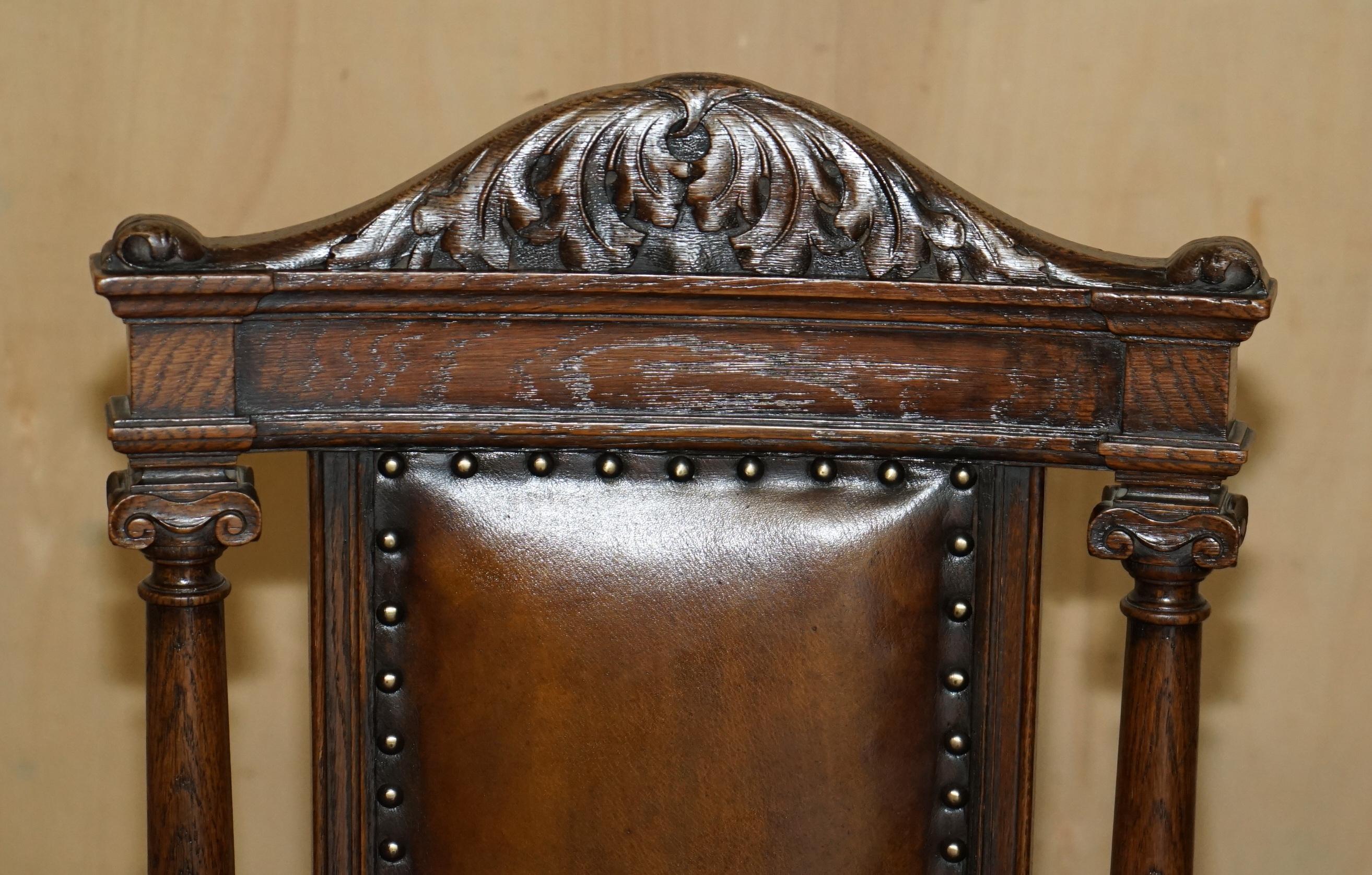 TWO ANTIQUE ITALIAN GRAND TOUR CORINTHIAN PILLAR BROWN LEATHER SIDE HALL CHAIRs In Good Condition For Sale In West Sussex, Pulborough