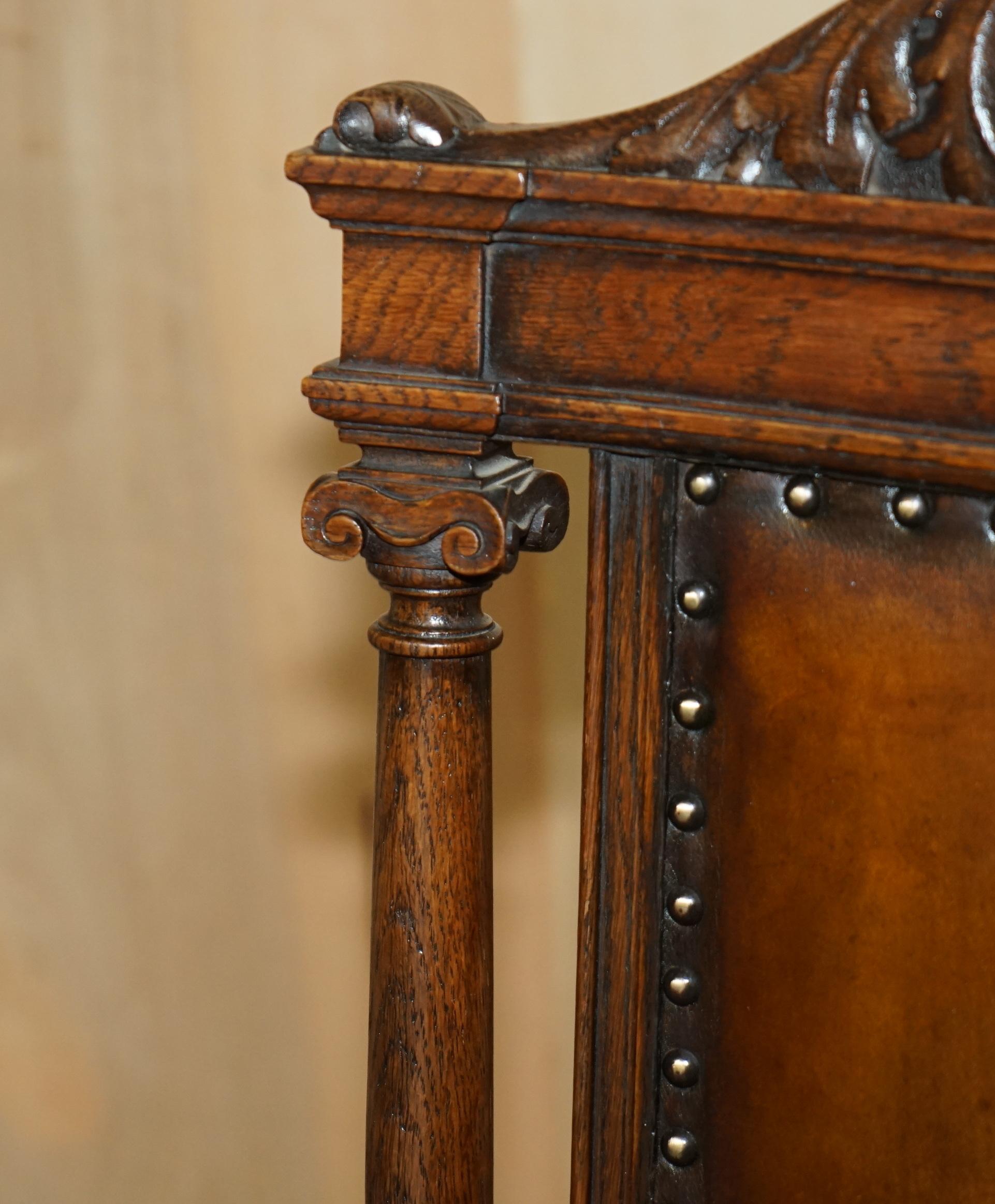 19th Century TWO ANTIQUE ITALIAN GRAND TOUR CORINTHIAN PILLAR BROWN LEATHER SIDE HALL CHAIRs For Sale