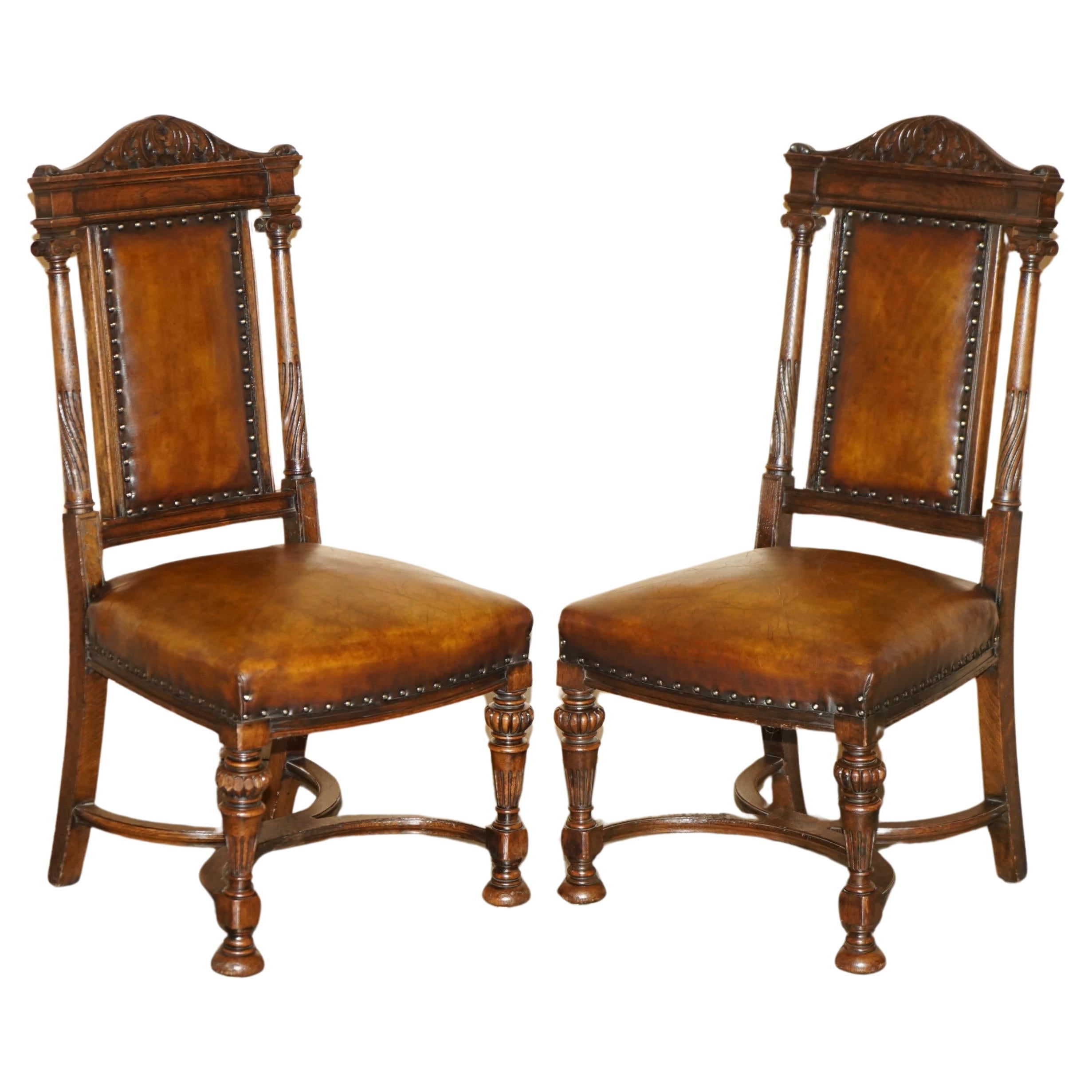 TWO ANTIQUE ITALIAN GRAND TOUR CORINTHIAN PILLAR BROWN LEATHER SIDE HALL CHAIRs For Sale