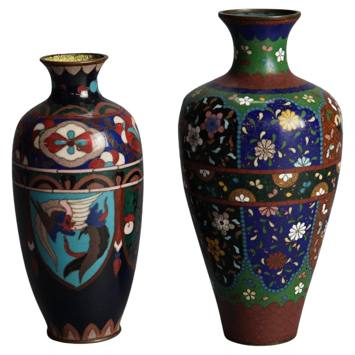 Two Antique Japanese Cloisonne Enameled Vases C1920 For Sale