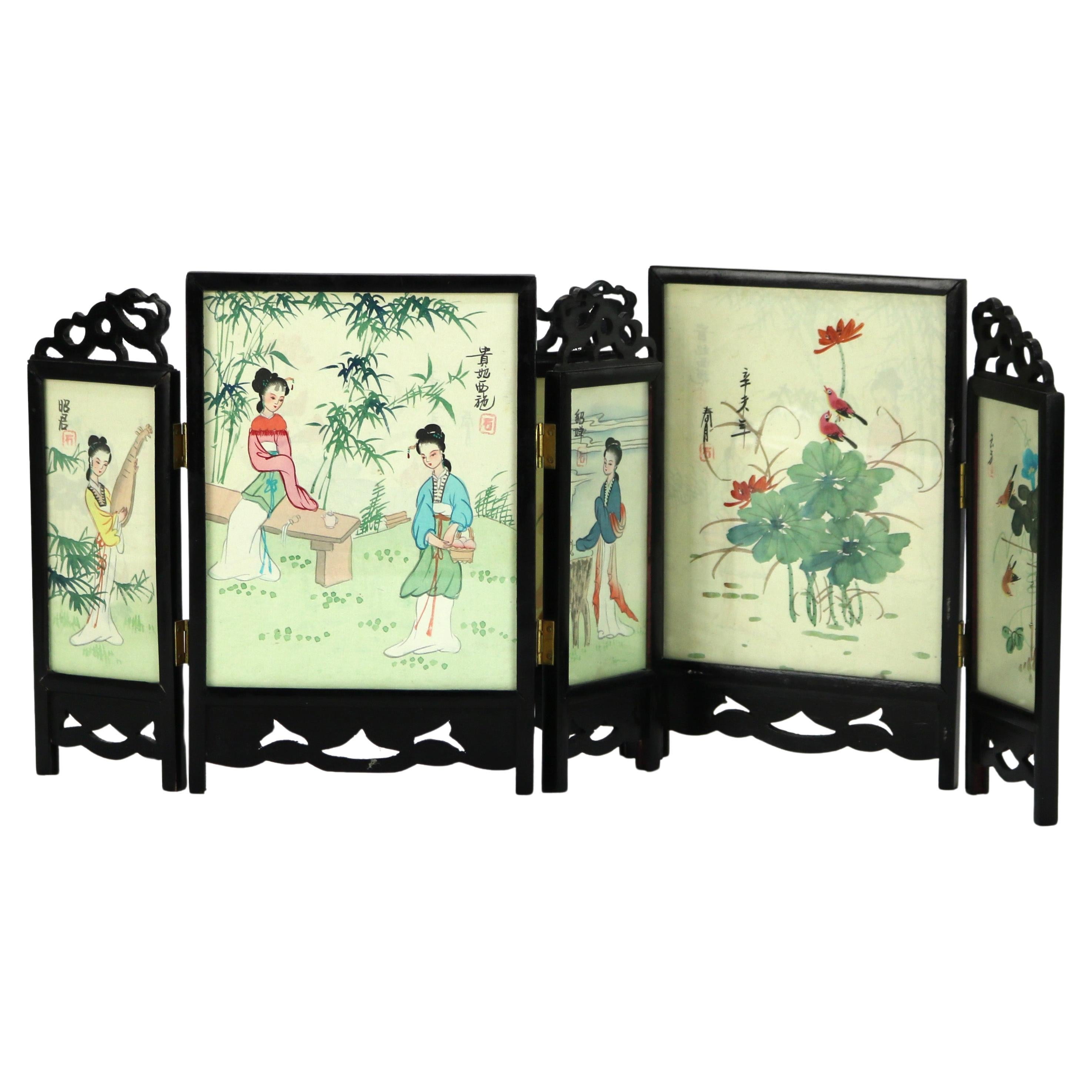 Two Antique Japanese Hand Painted Double-Sided Triptych Table Screens