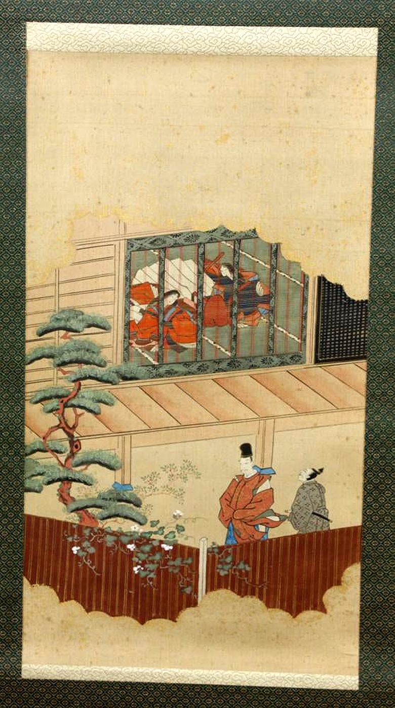 Zwei antike japanische hängende Schnörkelgemälde mit Schnörkeln (Japonismus) im Angebot