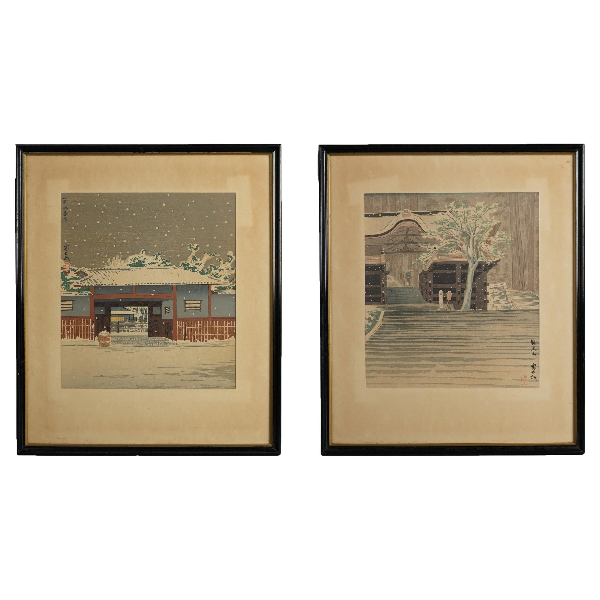 Two Antique Japanese Woodblock Prints by Tokuriki Tomikichiro, Winter, C1920 For Sale