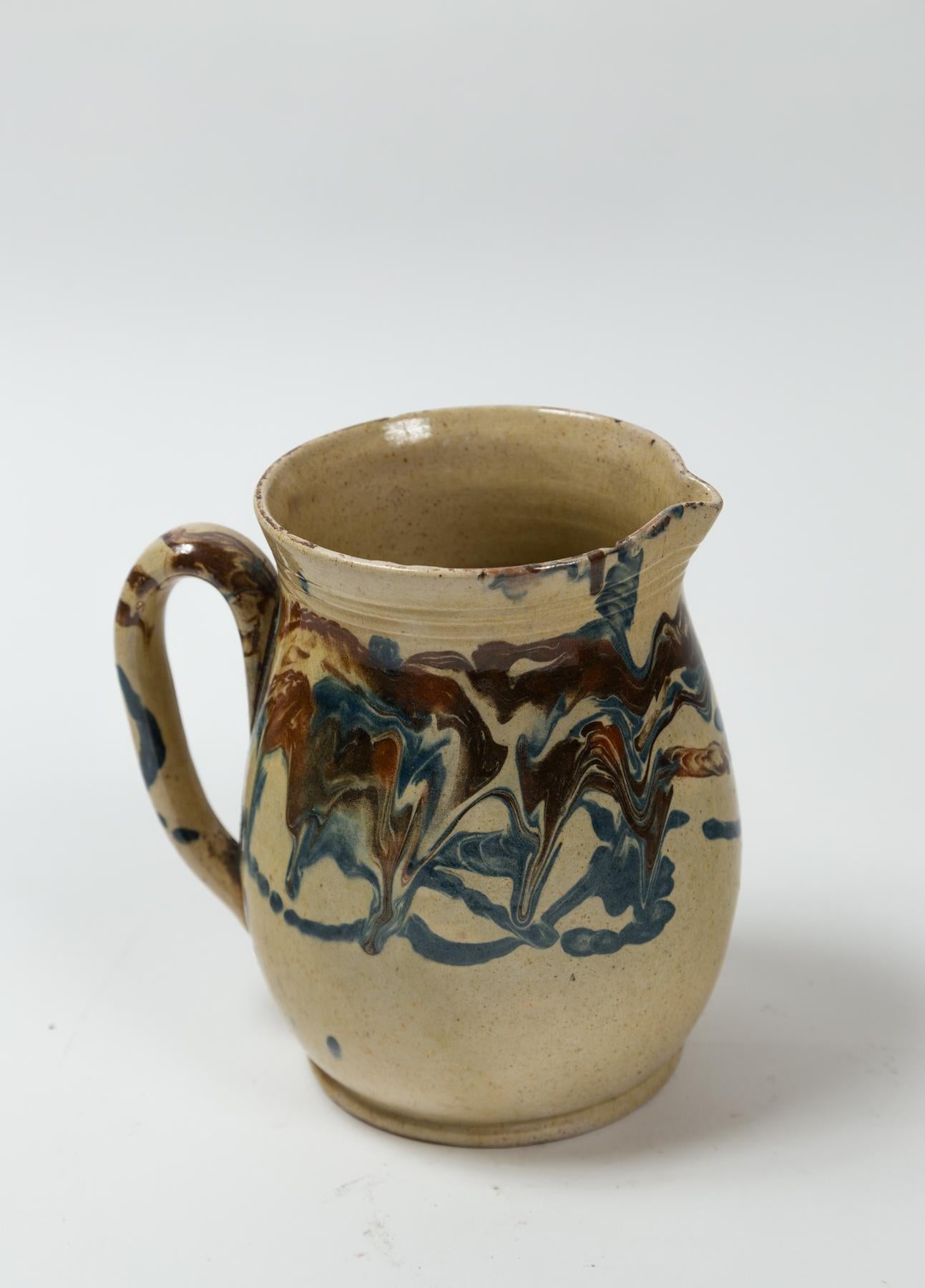 Hand-Painted Two Antique Jaspé Pottery Pitchers, France, Late 19th Century For Sale