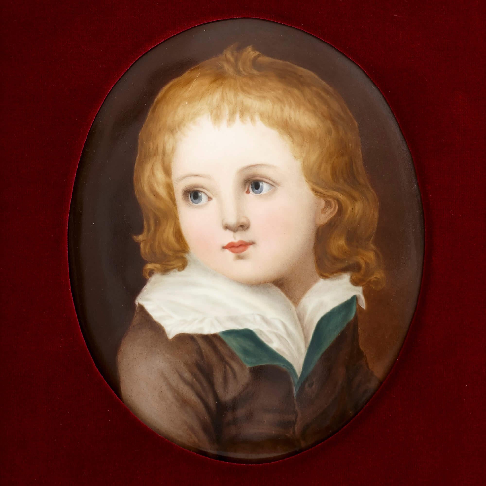 This pair of portraits are of oval form and depict the half-length figures of a young boy and girl. The boy has fair, shoulder-length hair and wears a white shirt and green-lined brown overcoat. He turns to his right and gazes off into the distance.