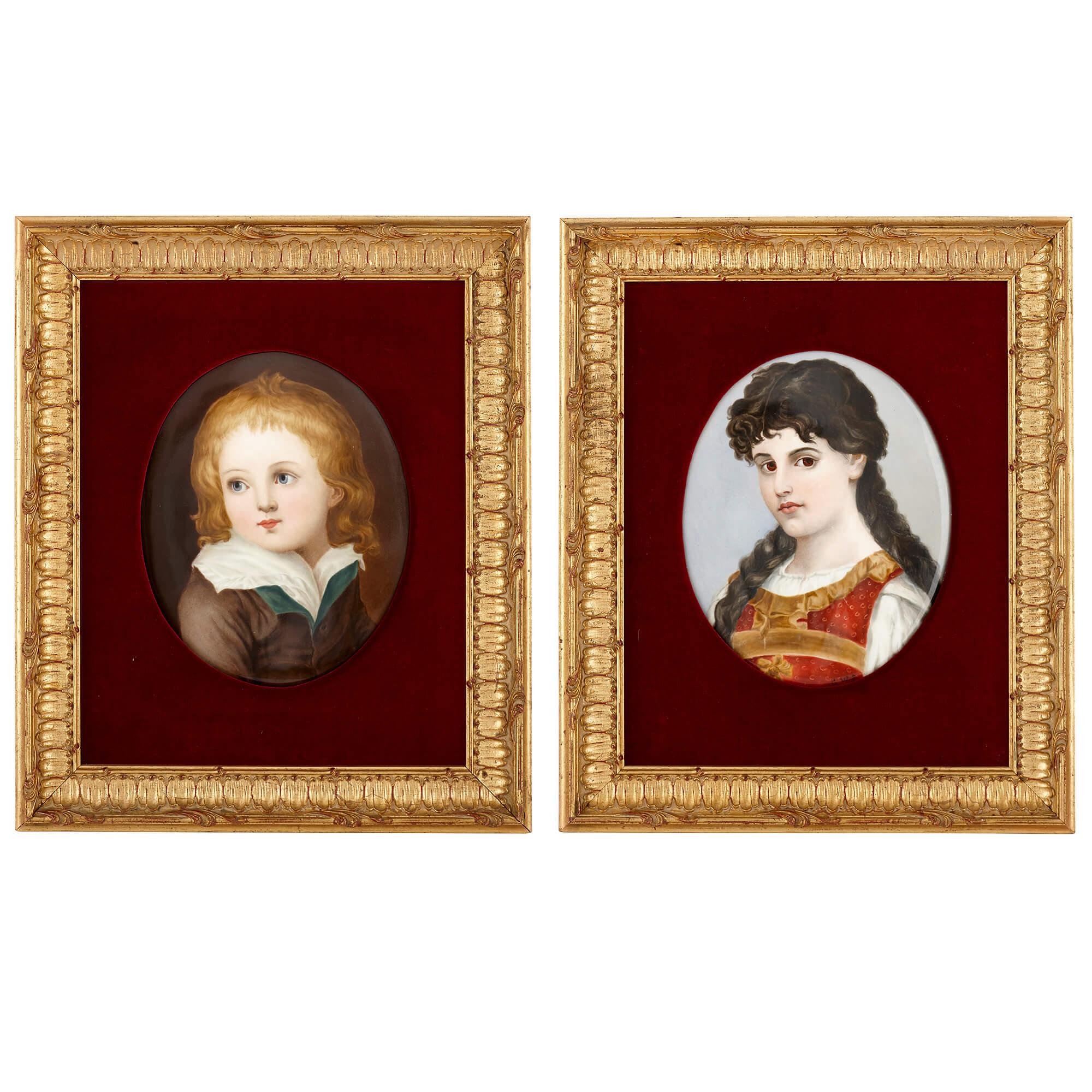 Two Antique Kpm Painted Porcelain Plaques in Giltwood Frames