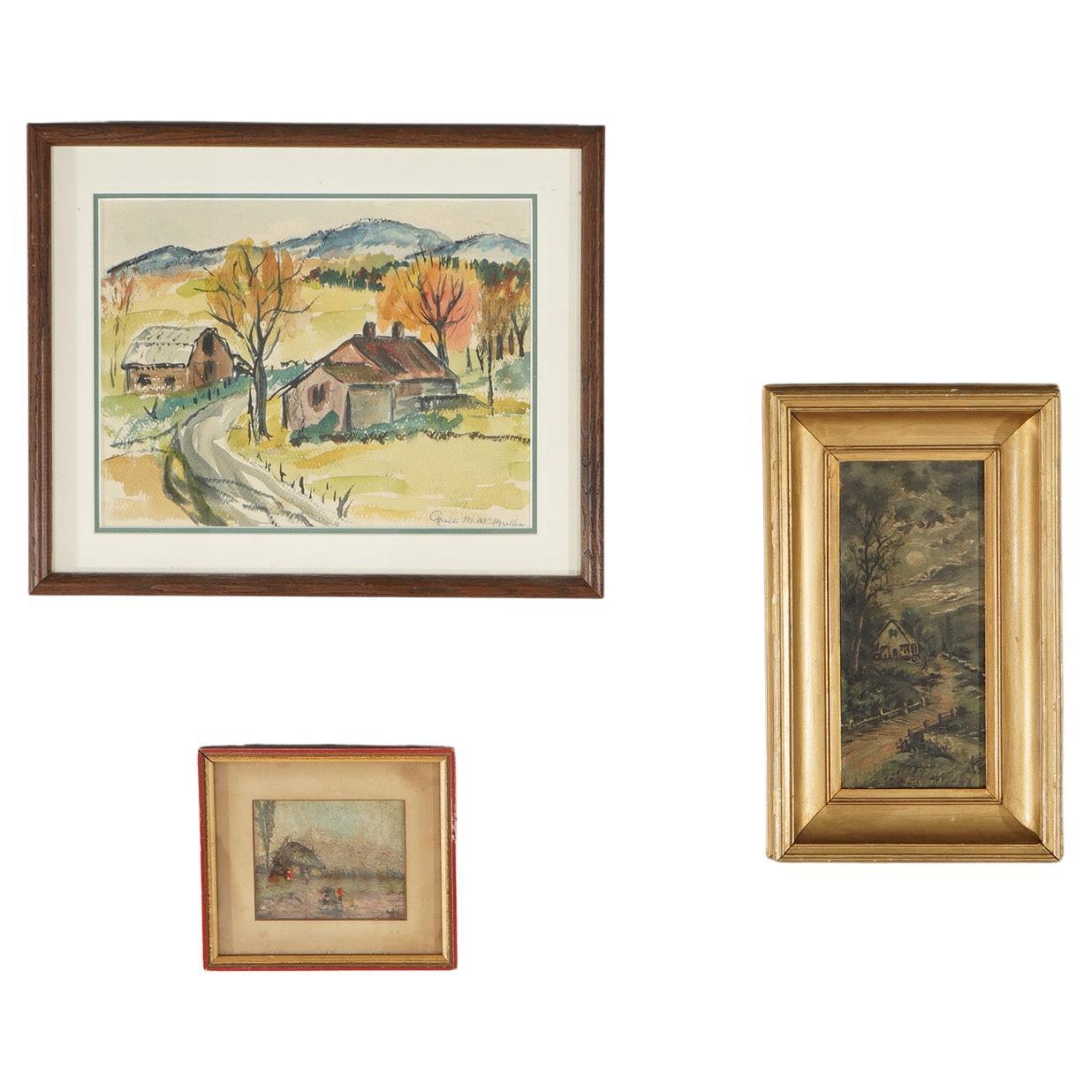 Two Antique Landscape Oil on Board & One Watercolor Painting, Framed, C1920