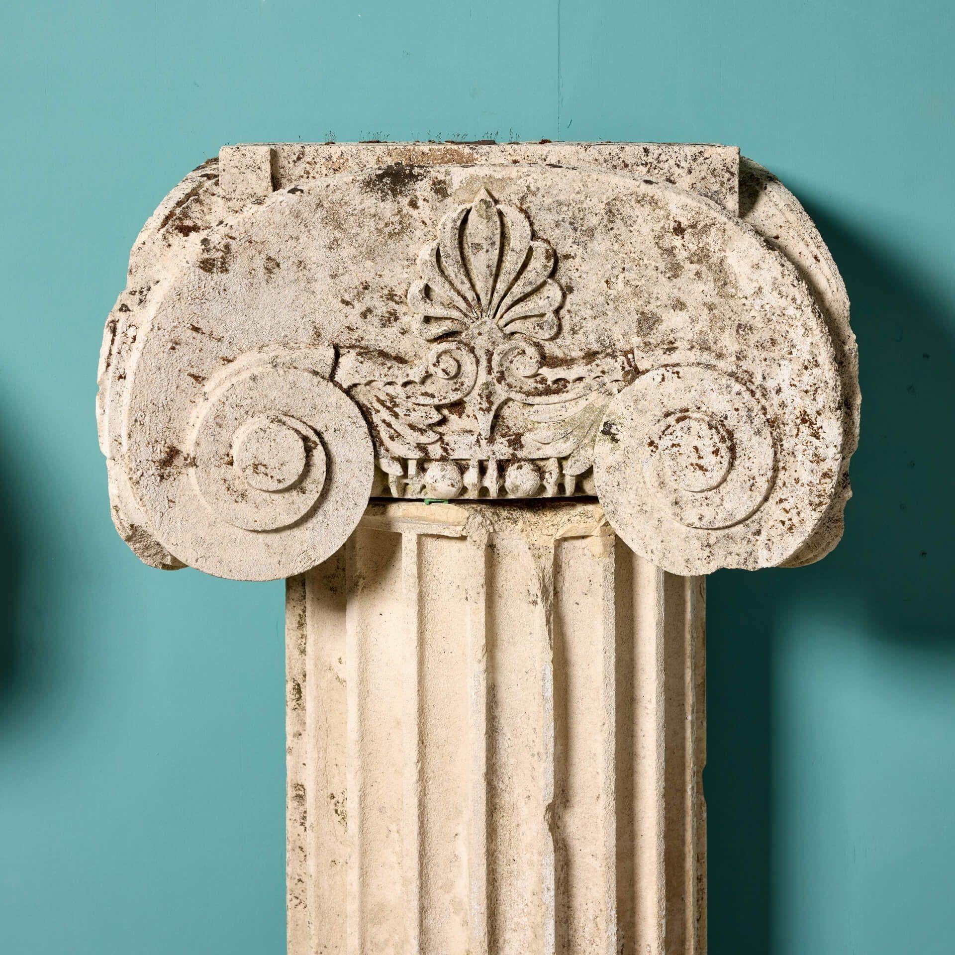 Neoclassical Two Antique Limestone Ionic Column Pedestals For Sale