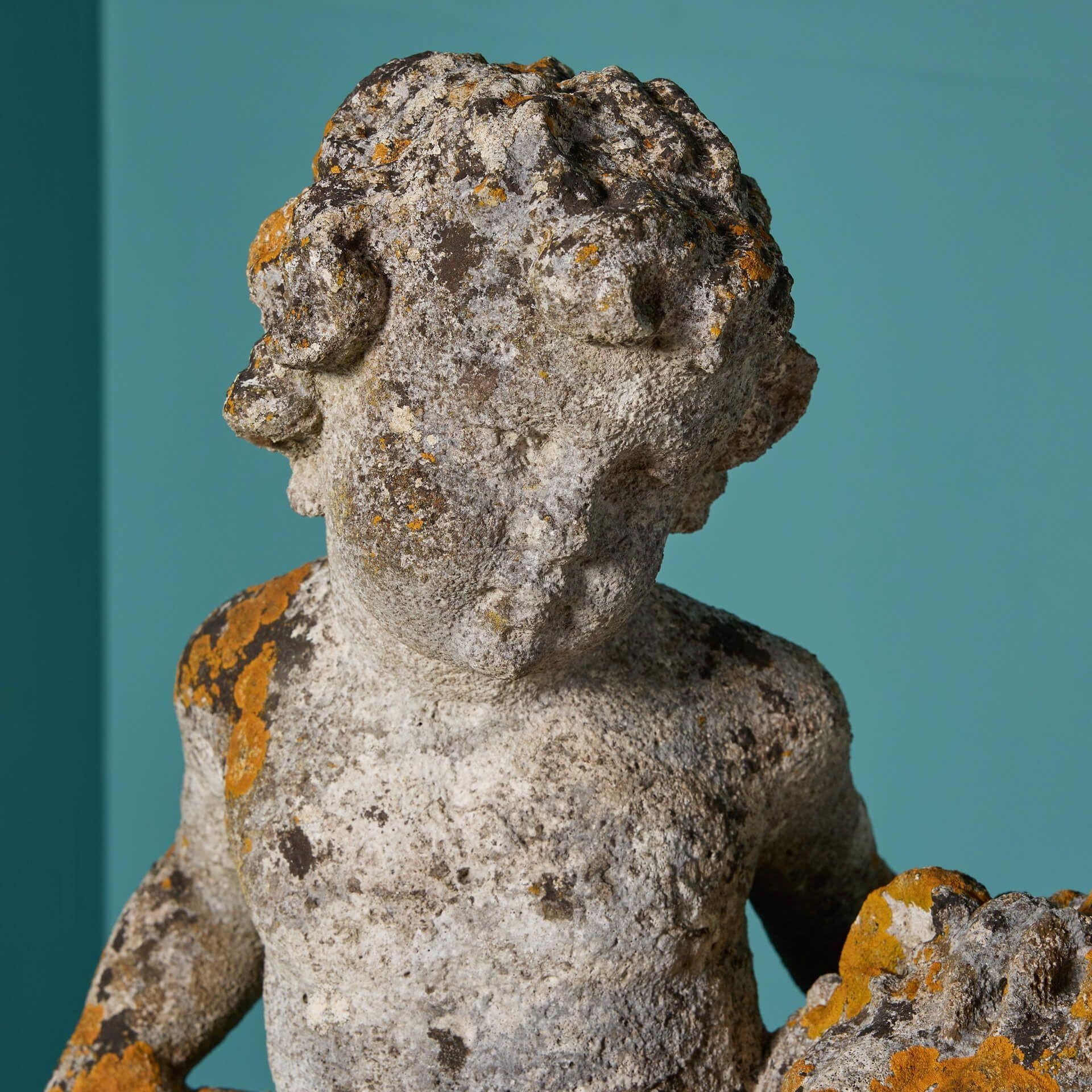 Neoclassical Two Antique Limestone Ornaments of Putti with Lion & Sheep For Sale