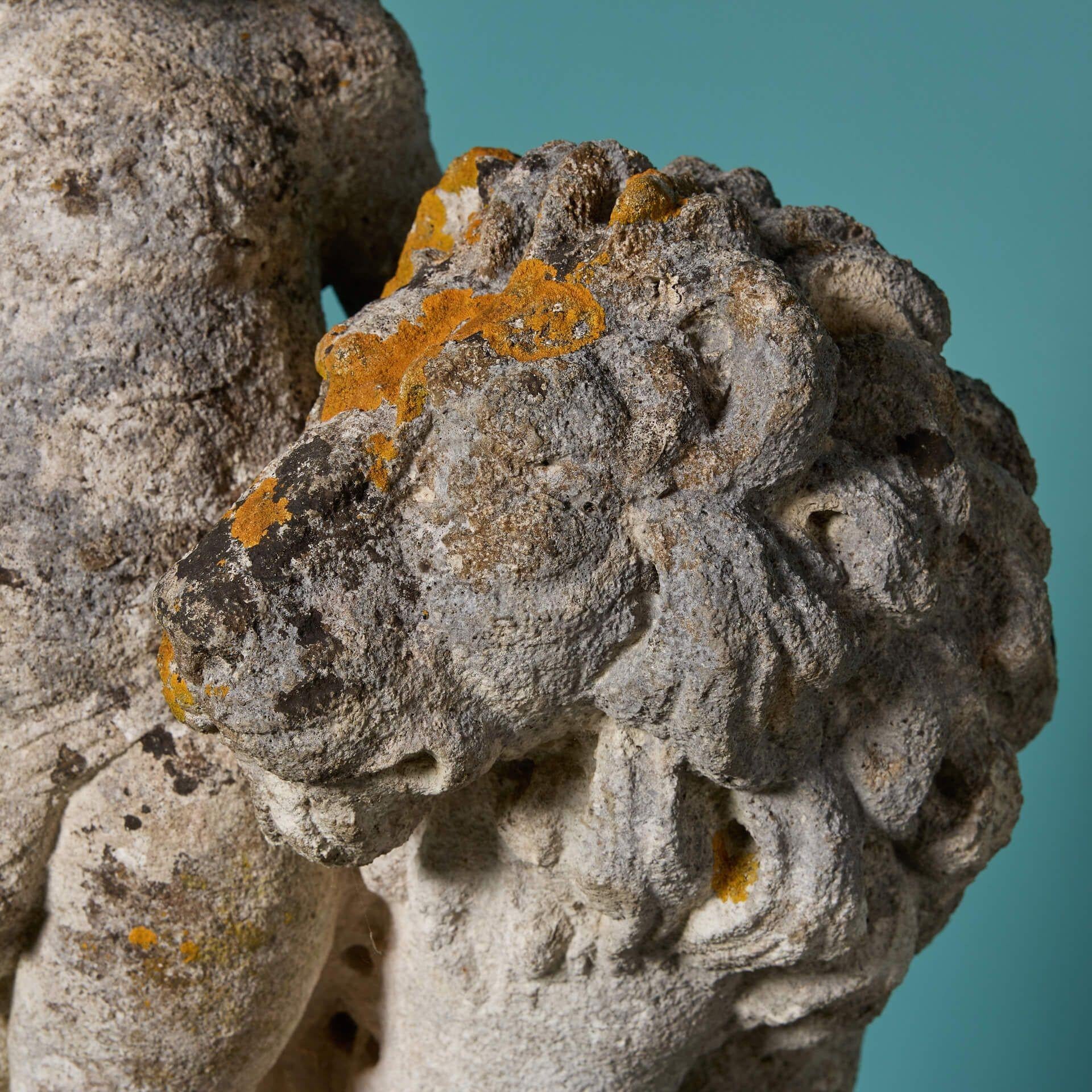 Italian Two Antique Limestone Ornaments of Putti with Lion & Sheep For Sale