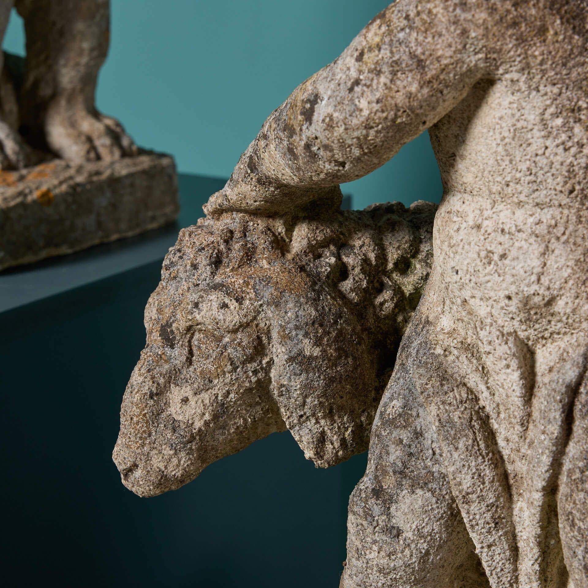 20th Century Two Antique Limestone Ornaments of Putti with Lion & Sheep For Sale