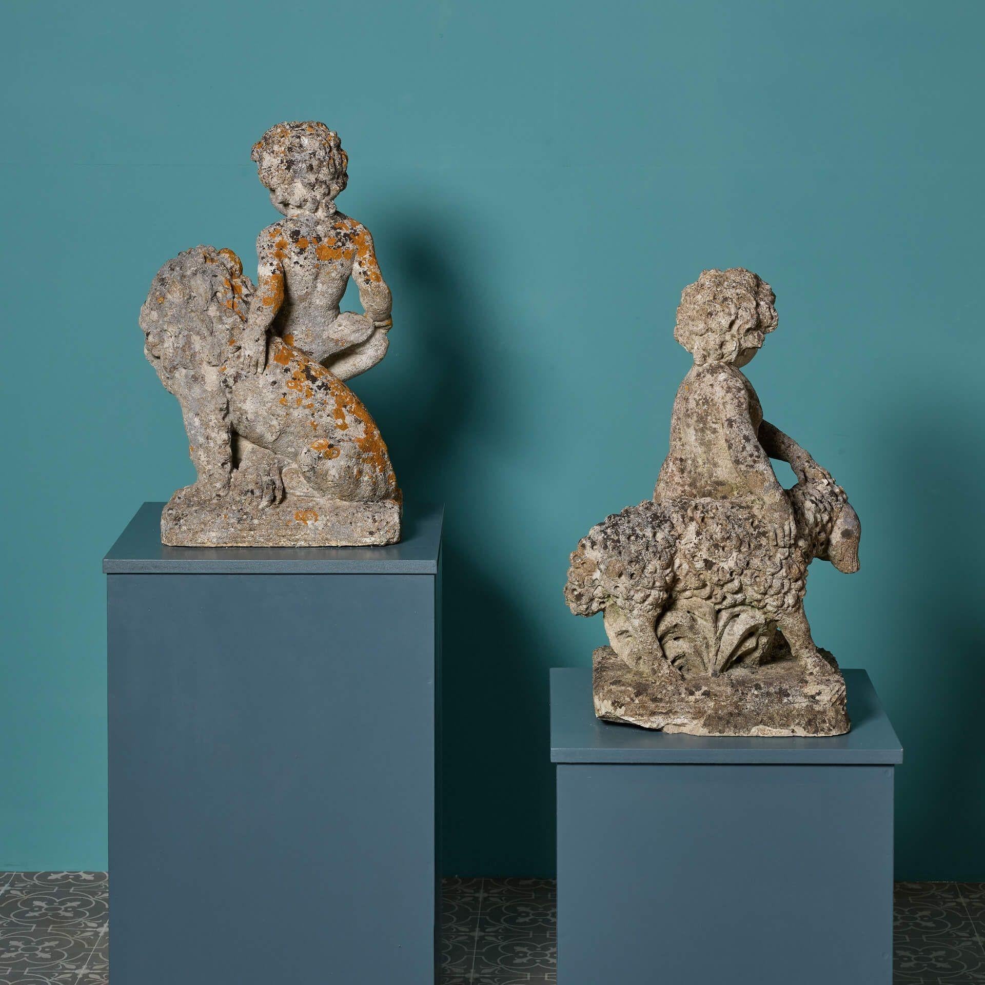 Stone Two Antique Limestone Ornaments of Putti with Lion & Sheep For Sale