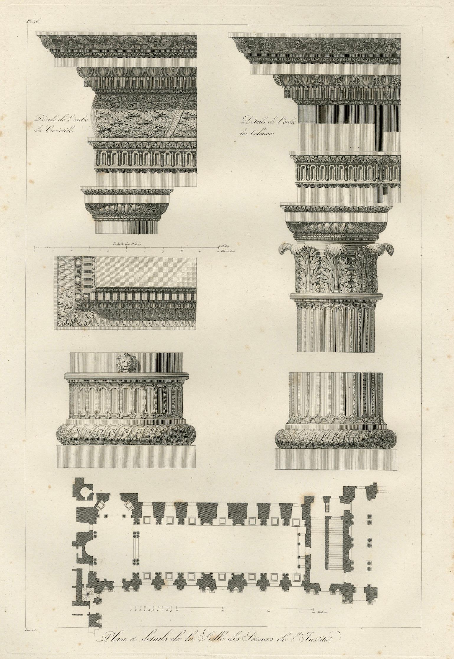 Two Antique Louvre Architectural Study Prints, Institut Details – Baltard 1803