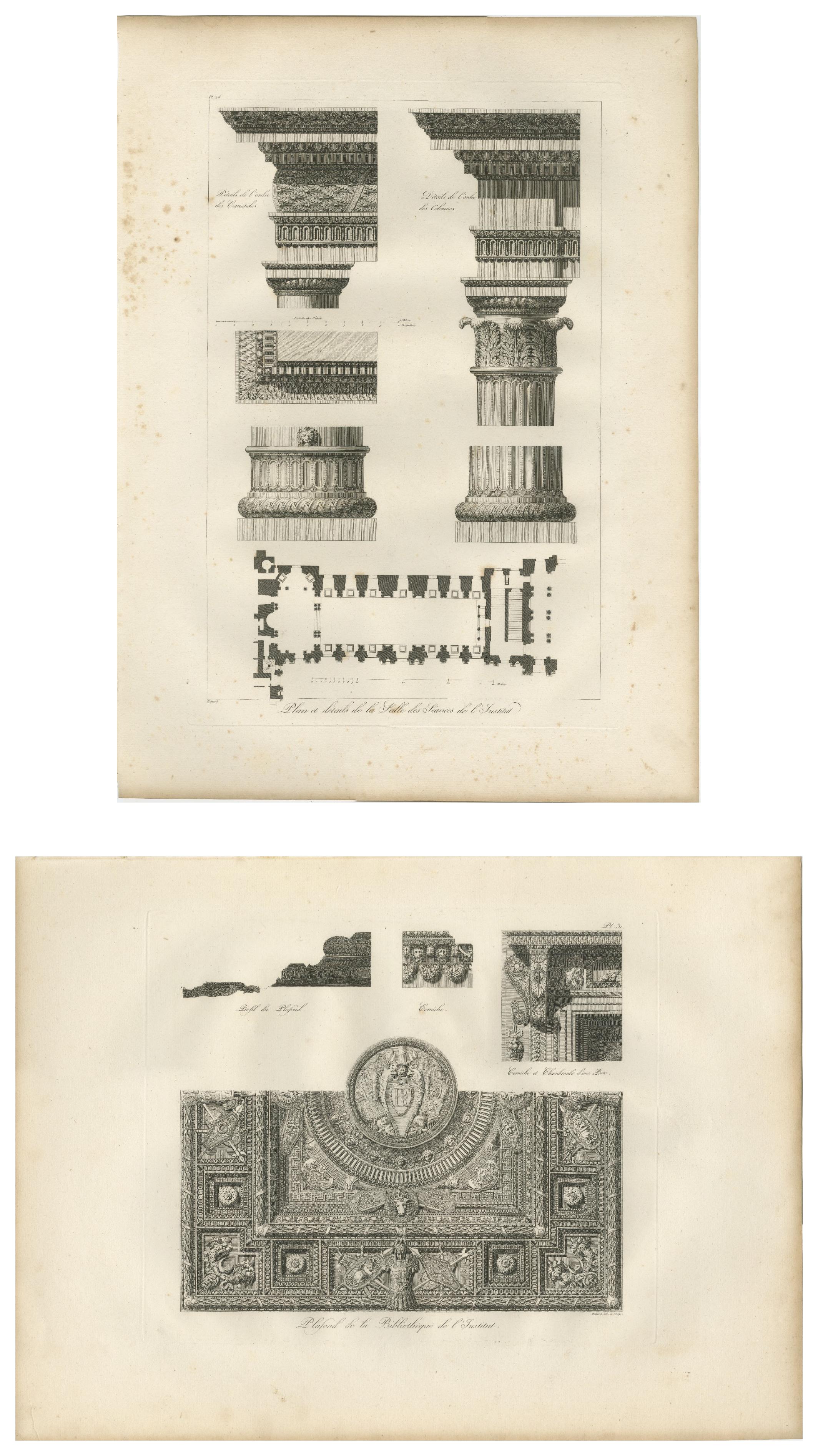 Two Antique Louvre Architectural Study Prints, Institut Details – Baltard 1803