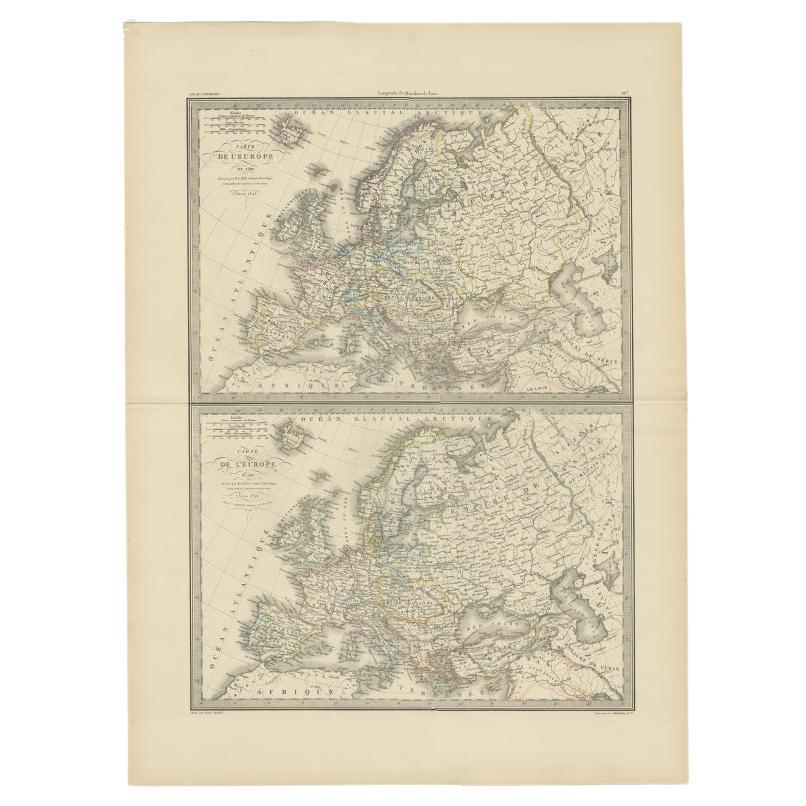 Two Antique Maps of Europe '1789 and in 1813' on One Sheet, Published in 1842