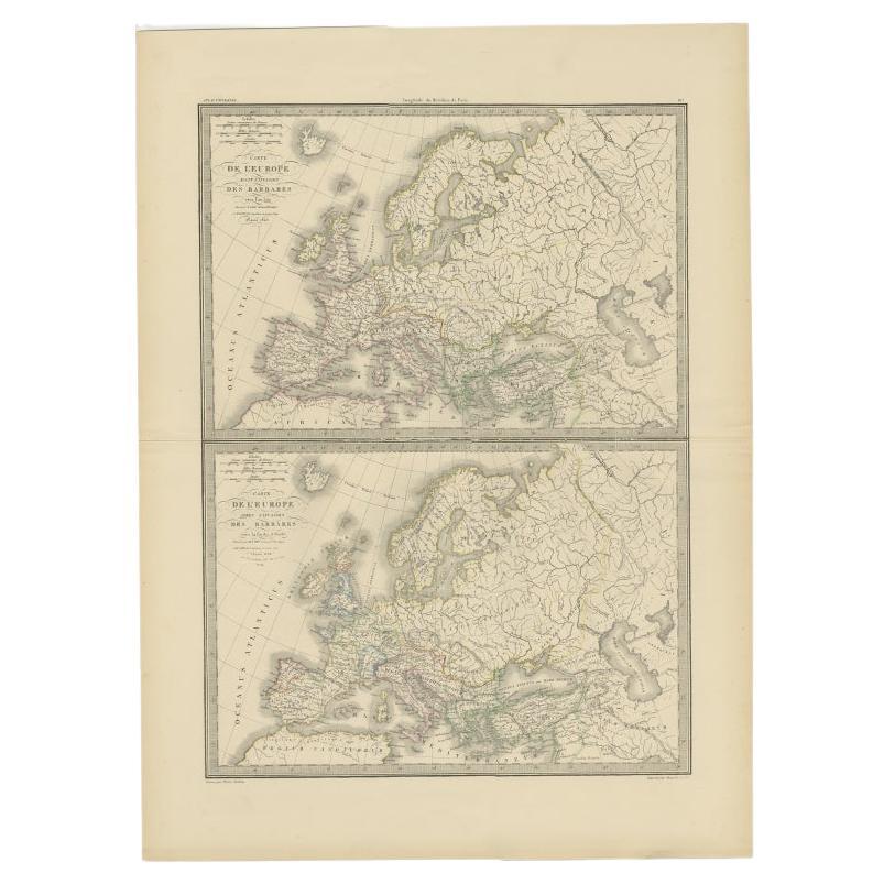 Antique map titled 'Carte de l'Europe'. Two maps of Europe. The upper map depicts Europe in the year 350, the lower map depicts Europe in the 5th century. This map originates from 'Atlas universel de géographie ancienne et moderne (..)' by Pierre M.