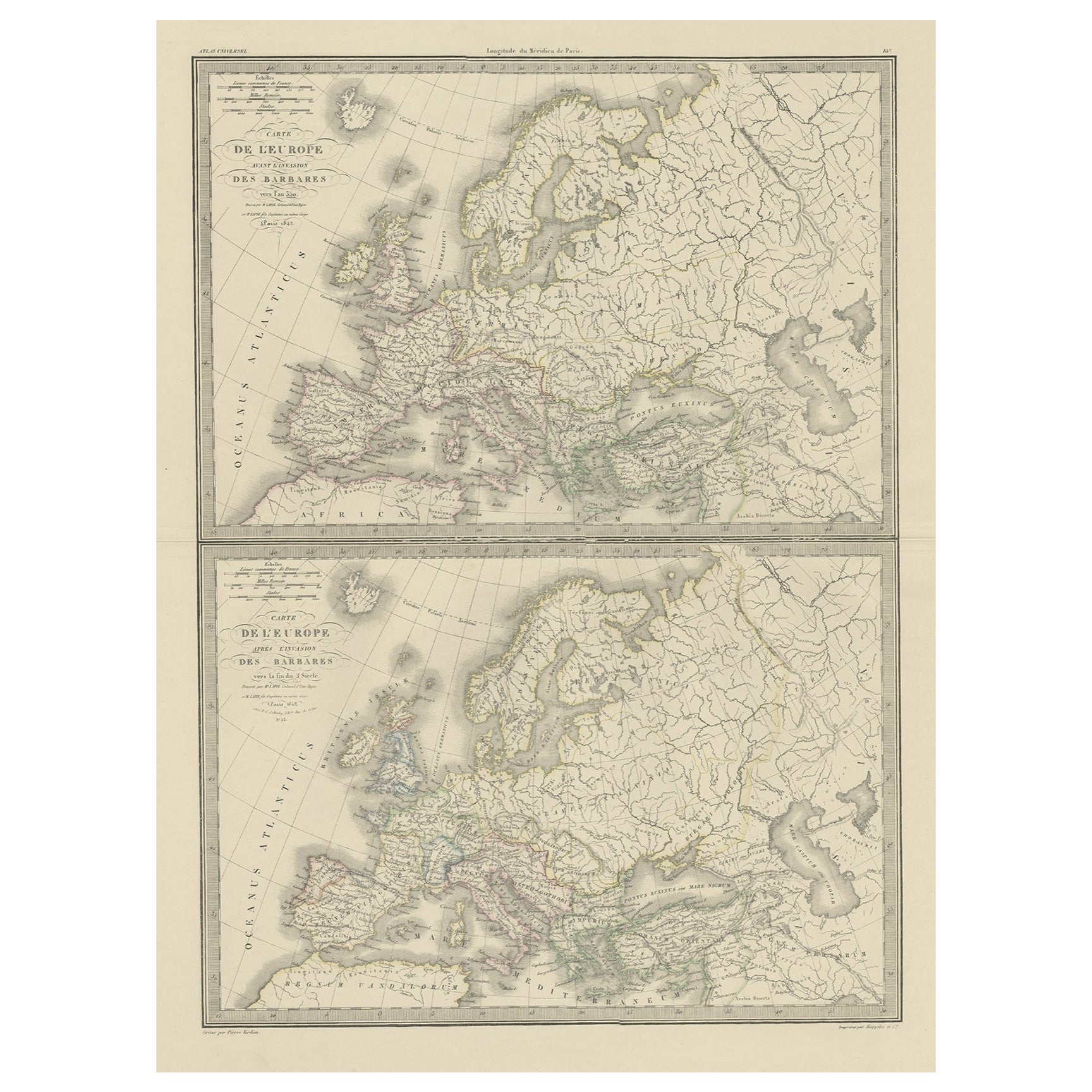 Deux cartes anciennes d'Europe sur une feuille à différentes époques, 1842 en vente