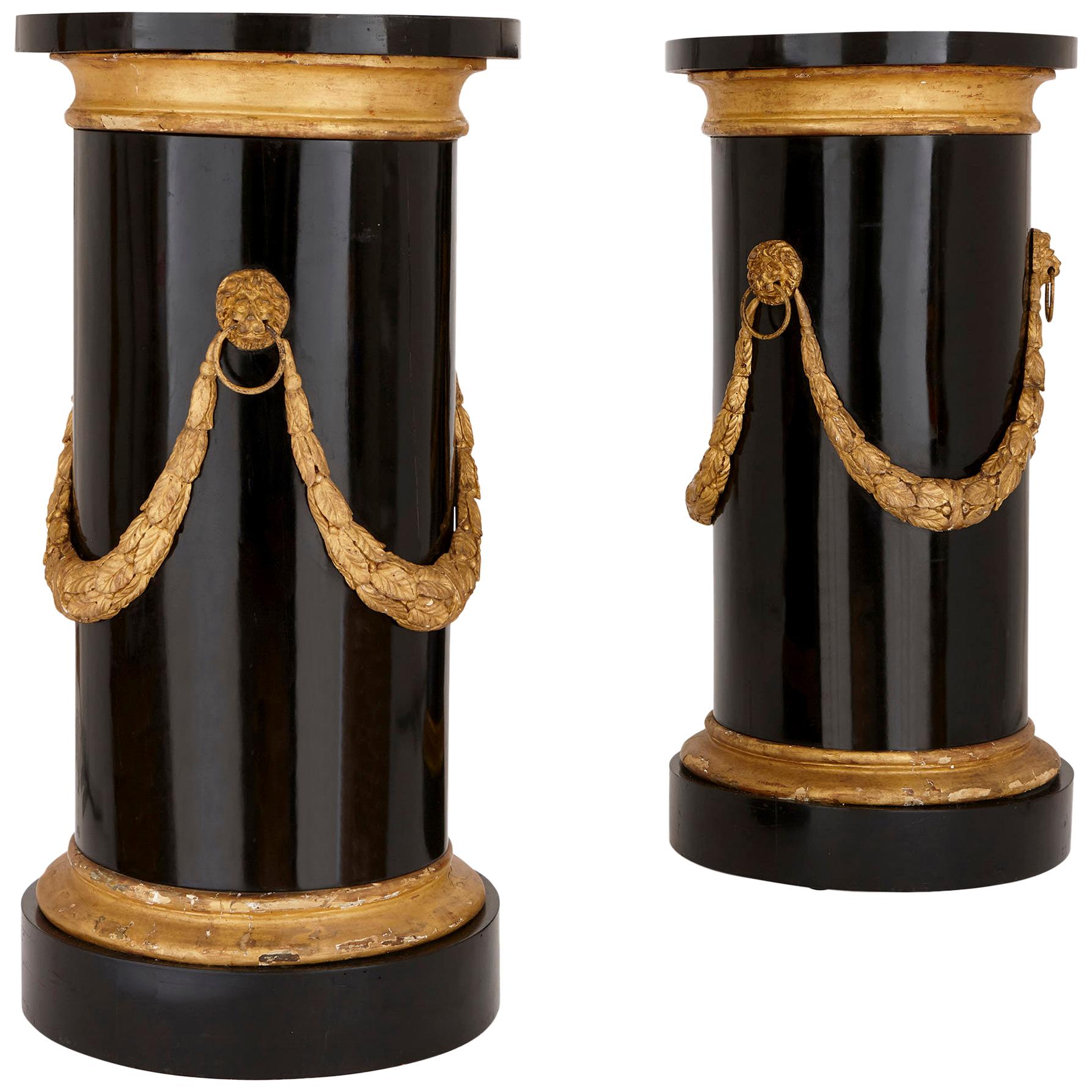 Two Antique Marble, Gilt and Ebonised Wood Columnar Pedestals