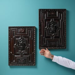 Two Antique Medieval Style Carved Oak Geometric Wall Hangings