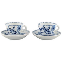 Two Antique Meissen Blue Onion Coffee Cups with Saucers in Porcelain