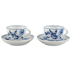 Two Antique Meissen Blue Onion Coffee Cups with Saucers in Porcelain