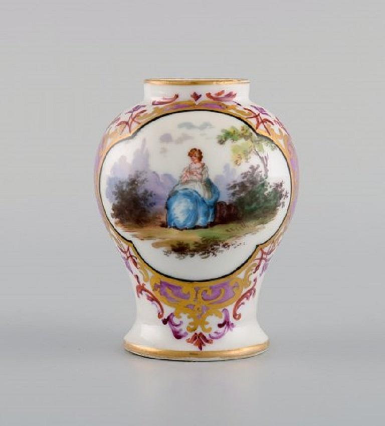 Rococo Revival Two Antique Meissen Miniature Vases in Porcelain with Romantic Scenes, 19th C