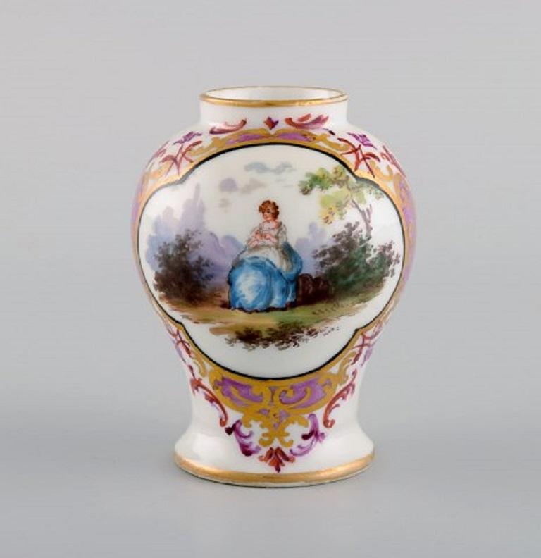 German Two Antique Meissen Miniature Vases in Porcelain with Romantic Scenes, 19th C