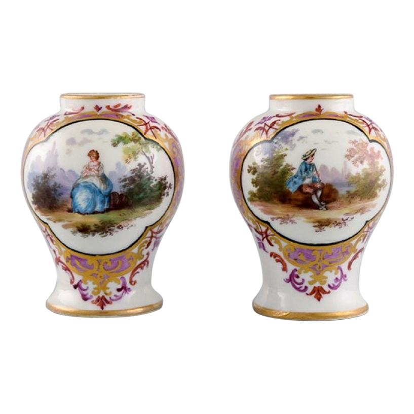 Two Antique Meissen Miniature Vases in Porcelain with Romantic Scenes, 19th C