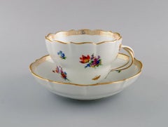 Two Antique Meissen Morning Cups with Saucers in Hand-Painted Porcelain