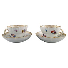 Two Antique Meissen Morning Cups with Saucers in Hand-Painted Porcelain