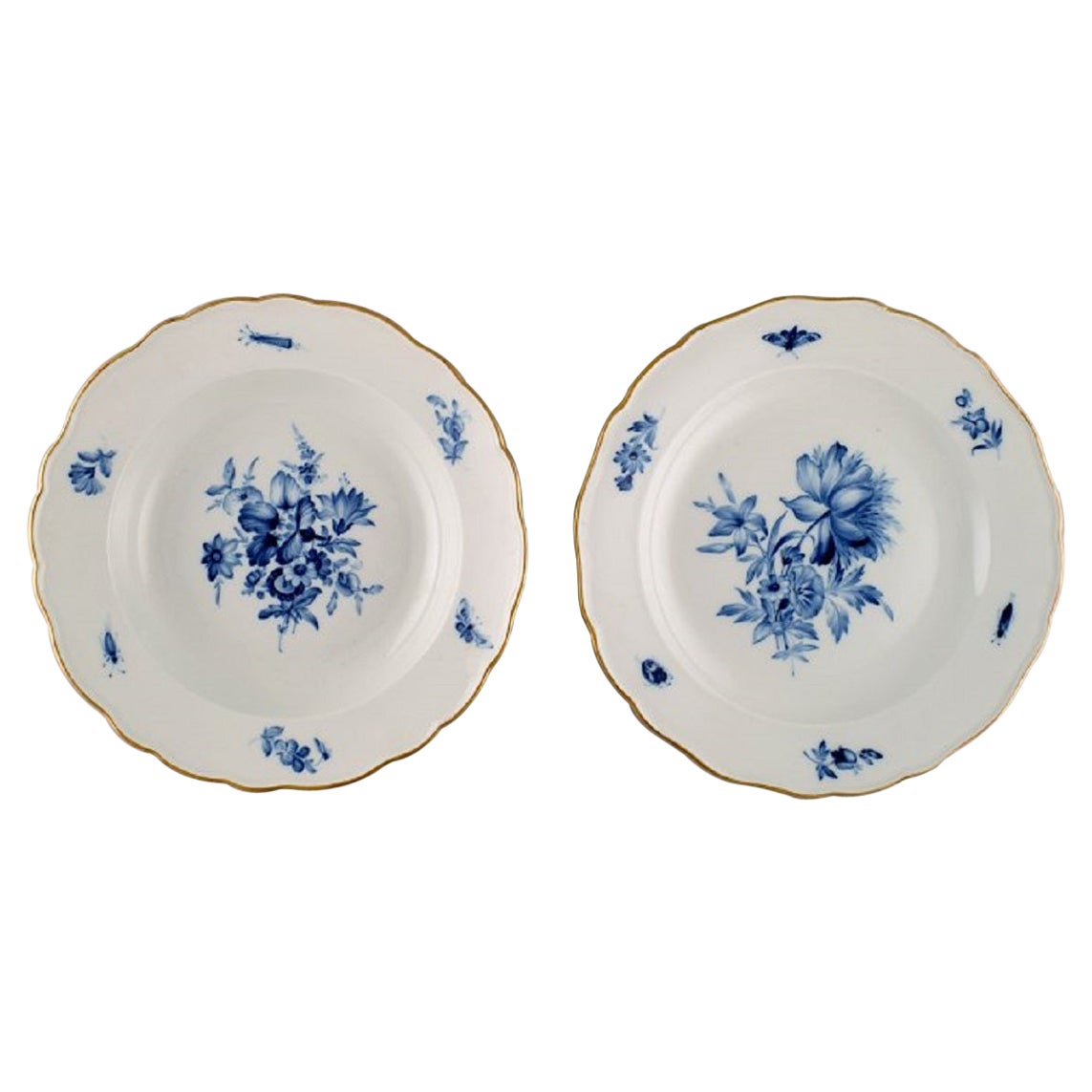 Deux assiettes anciennes en porcelaine de Meissen avec fleurs peintes à la main et bordure dorée