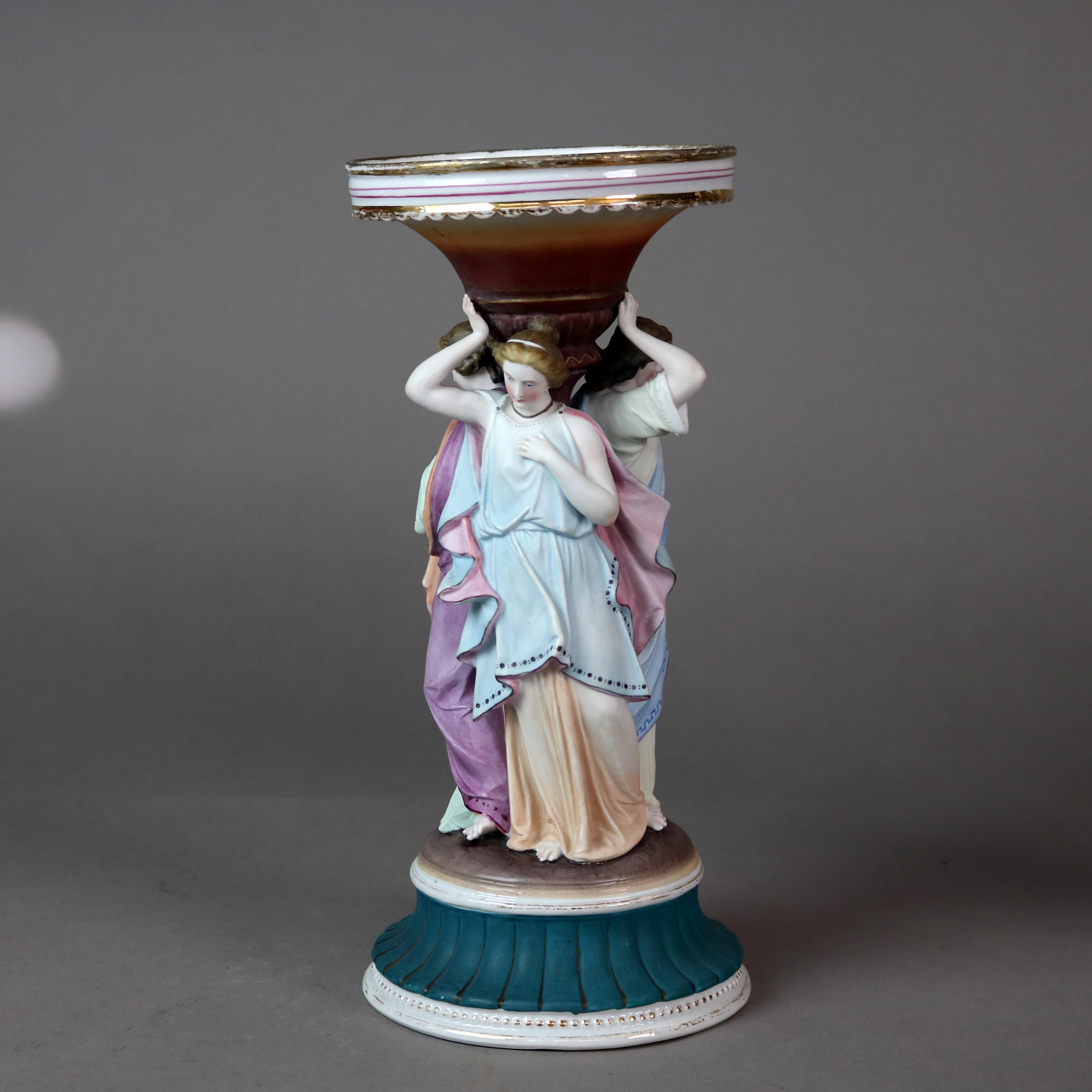 Dos Antiguos Candeleros de Porcelana de 3 Gracias Pintados a Mano de la Escuela de Meissen Alemán en venta