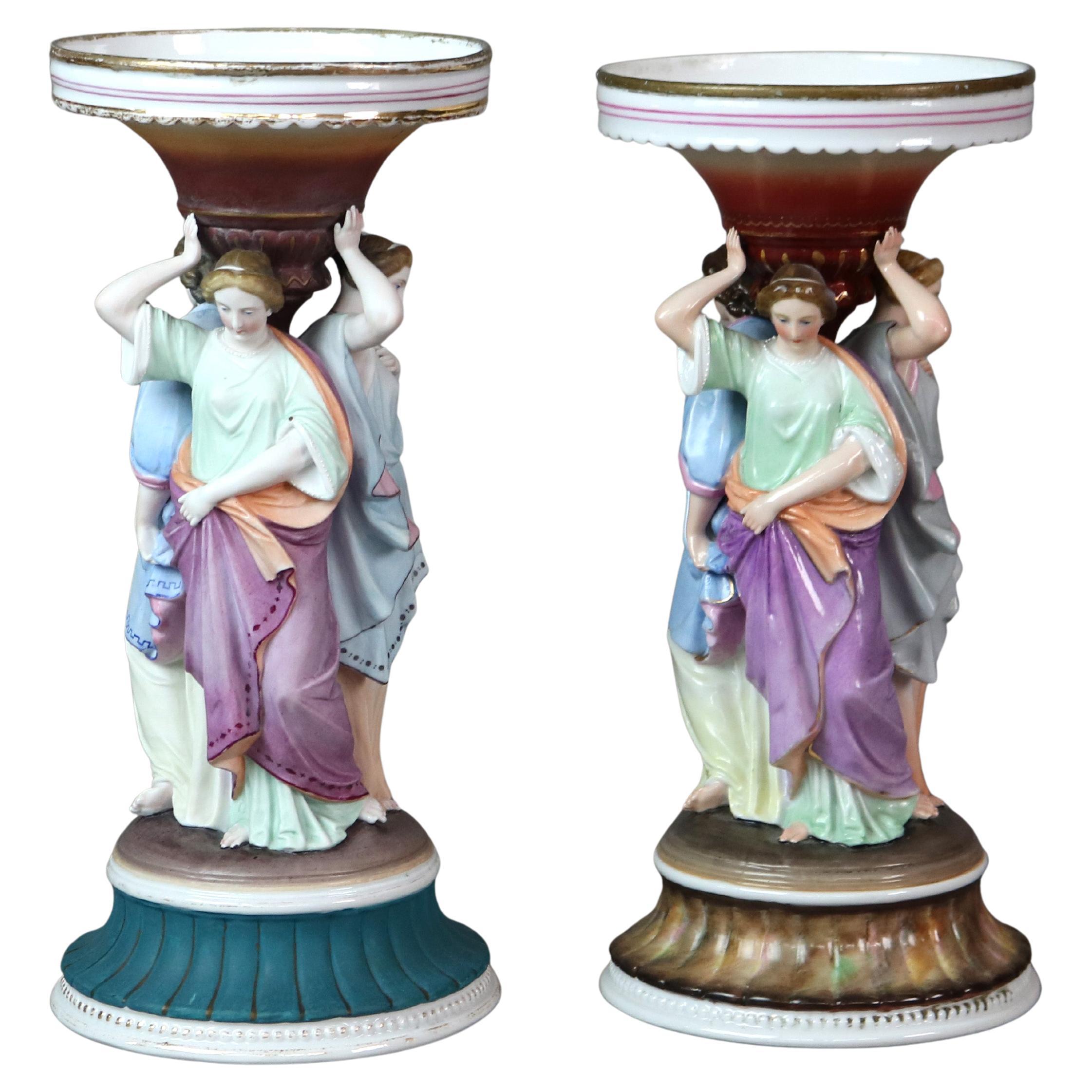 Two Antique Meissen School Hand Painted Figural 3 Graces Porcelain Candlesticks