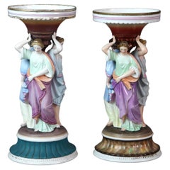 Two Antique Meissen School Hand Painted Figural 3 Graces Porcelain Candlesticks