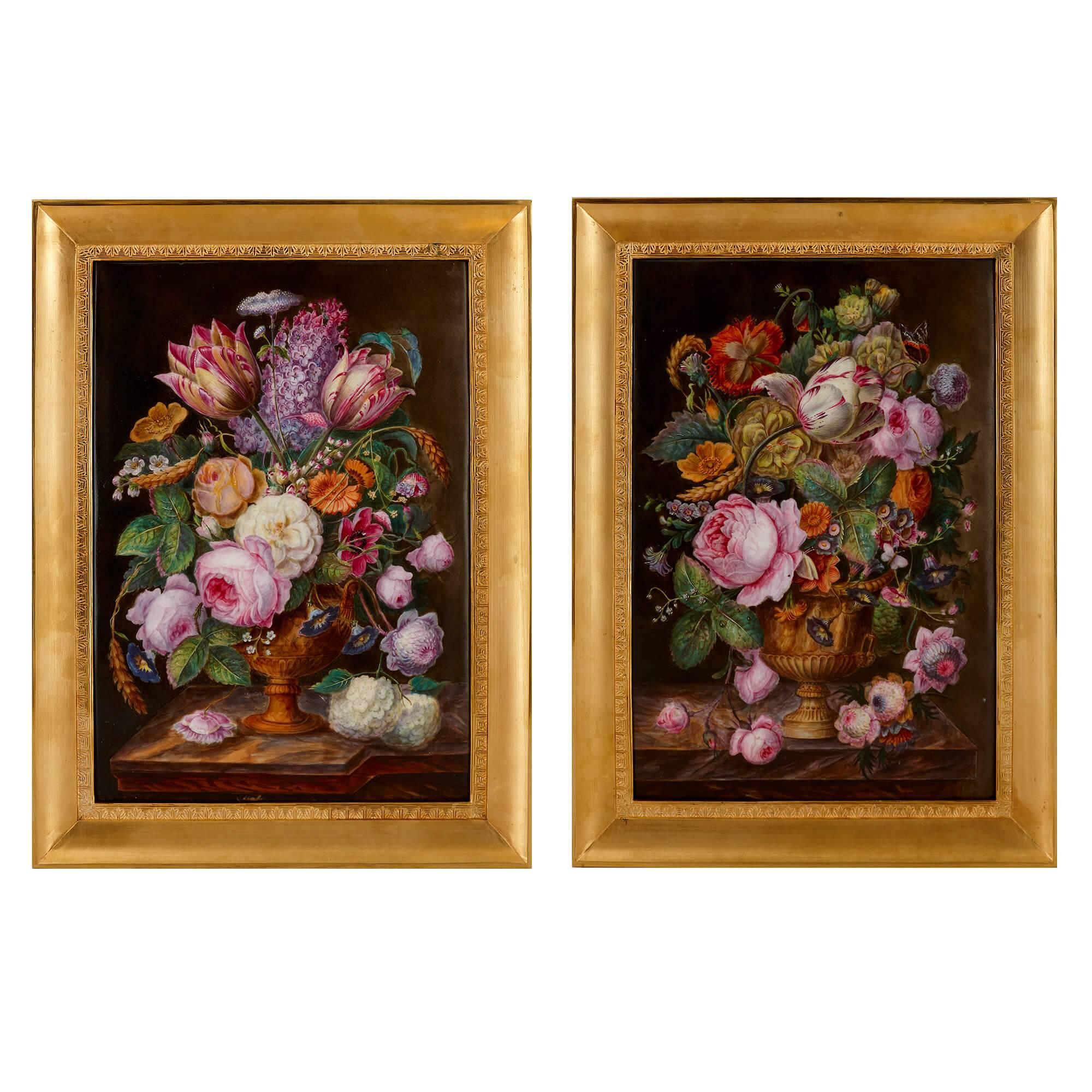 Two Antique Painted Porcelain Plaques of Flowers