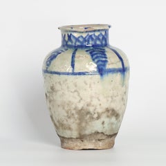 Two Antique Persian Glazed Blue and White Terra Cotta Vases