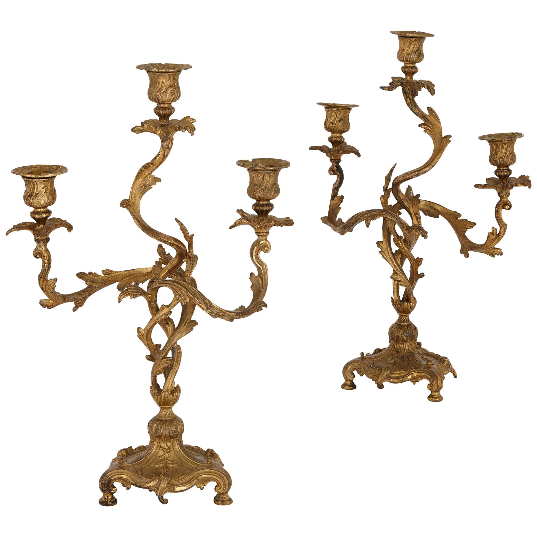 Two Antique Rococo Style Gilt Bronze Candelabra For Sale