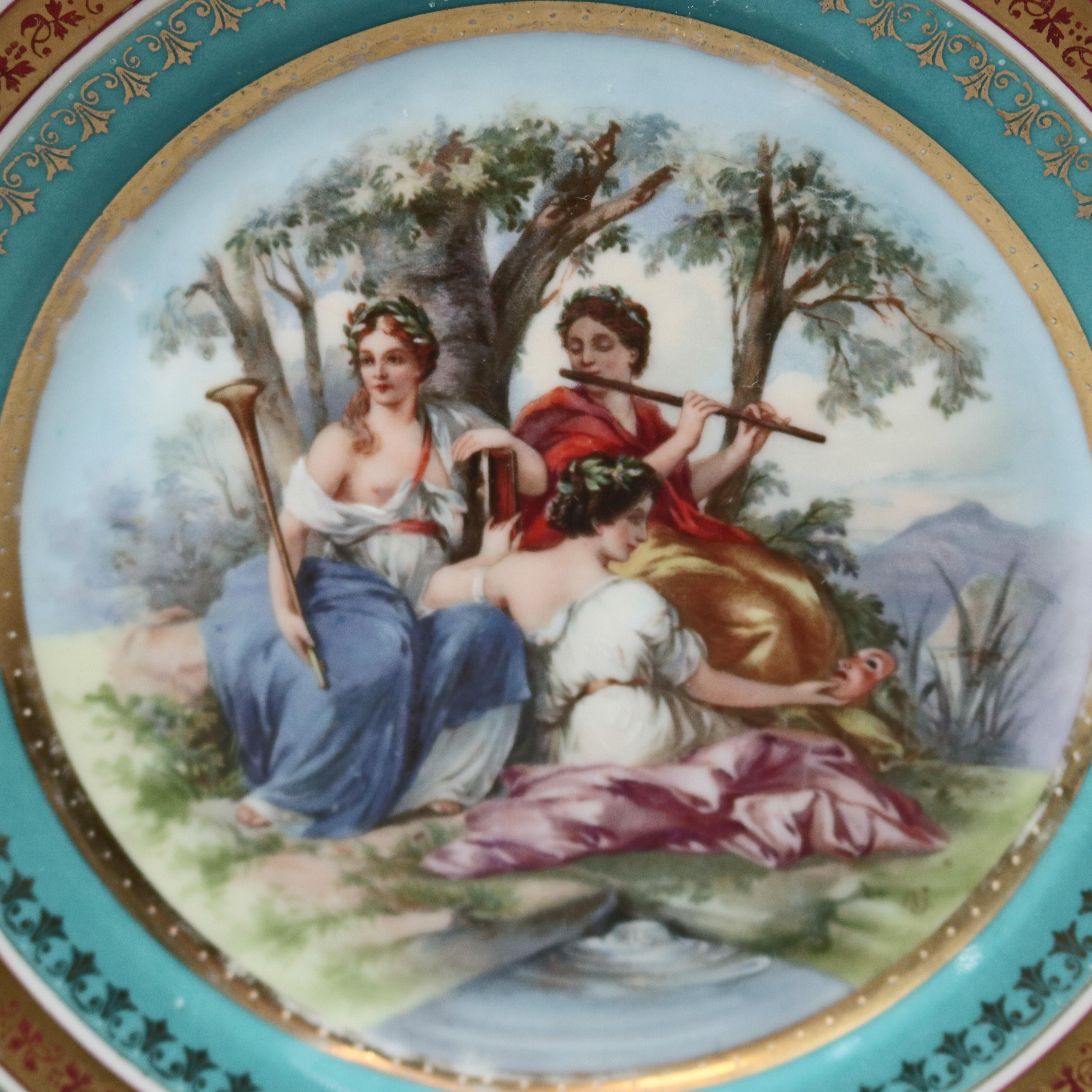 Two antique and hand painted Porcelain plates by Royal Vienna offer central and scene is classical muses in countryside setting, gilt highlights throughout, en verso beehive shield maker mark as photographed, 19th century.


Measures: 7.5” diameter