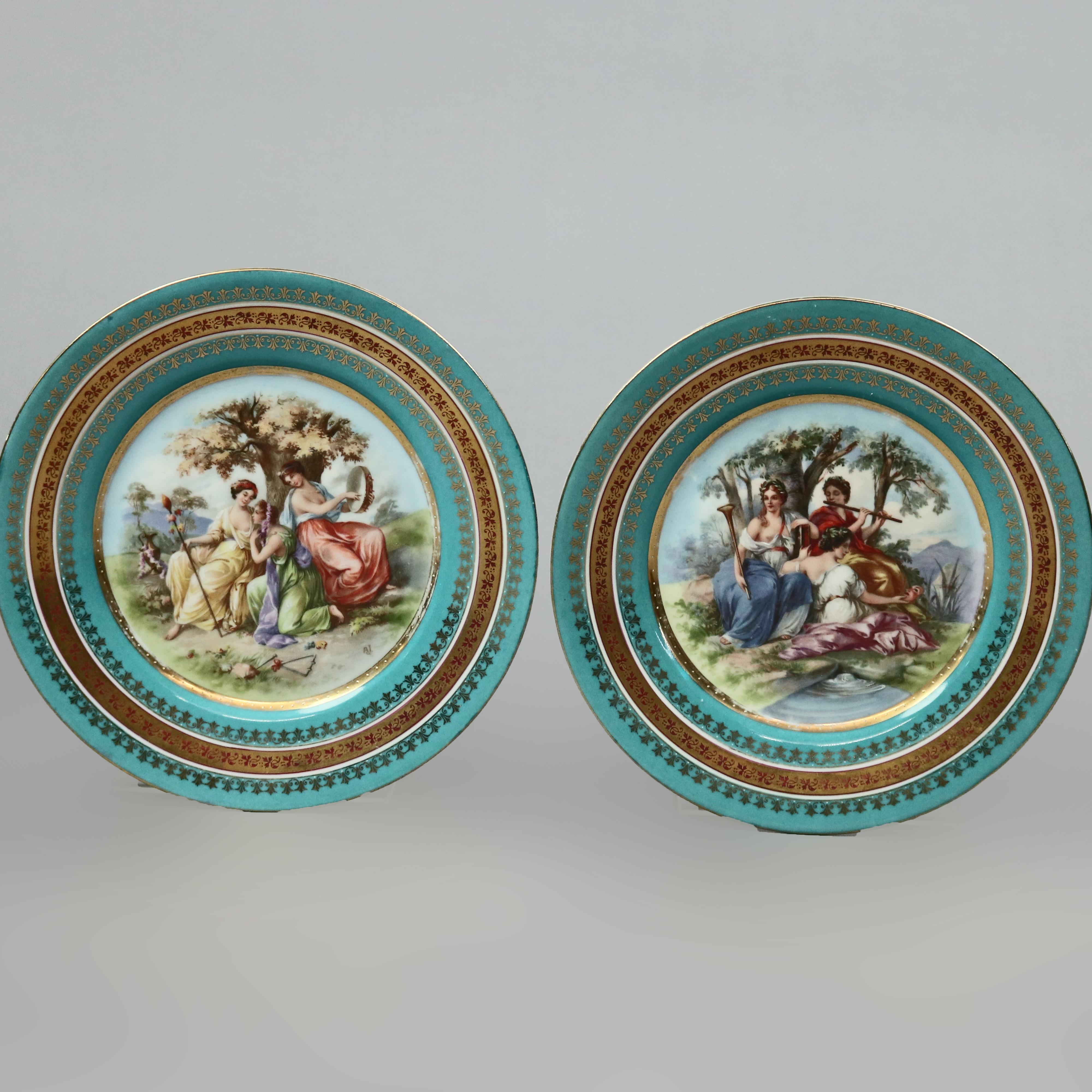Hand-Painted Two Antique Royal Vienna Porcelain Plates, Classical Muses, circa 1890