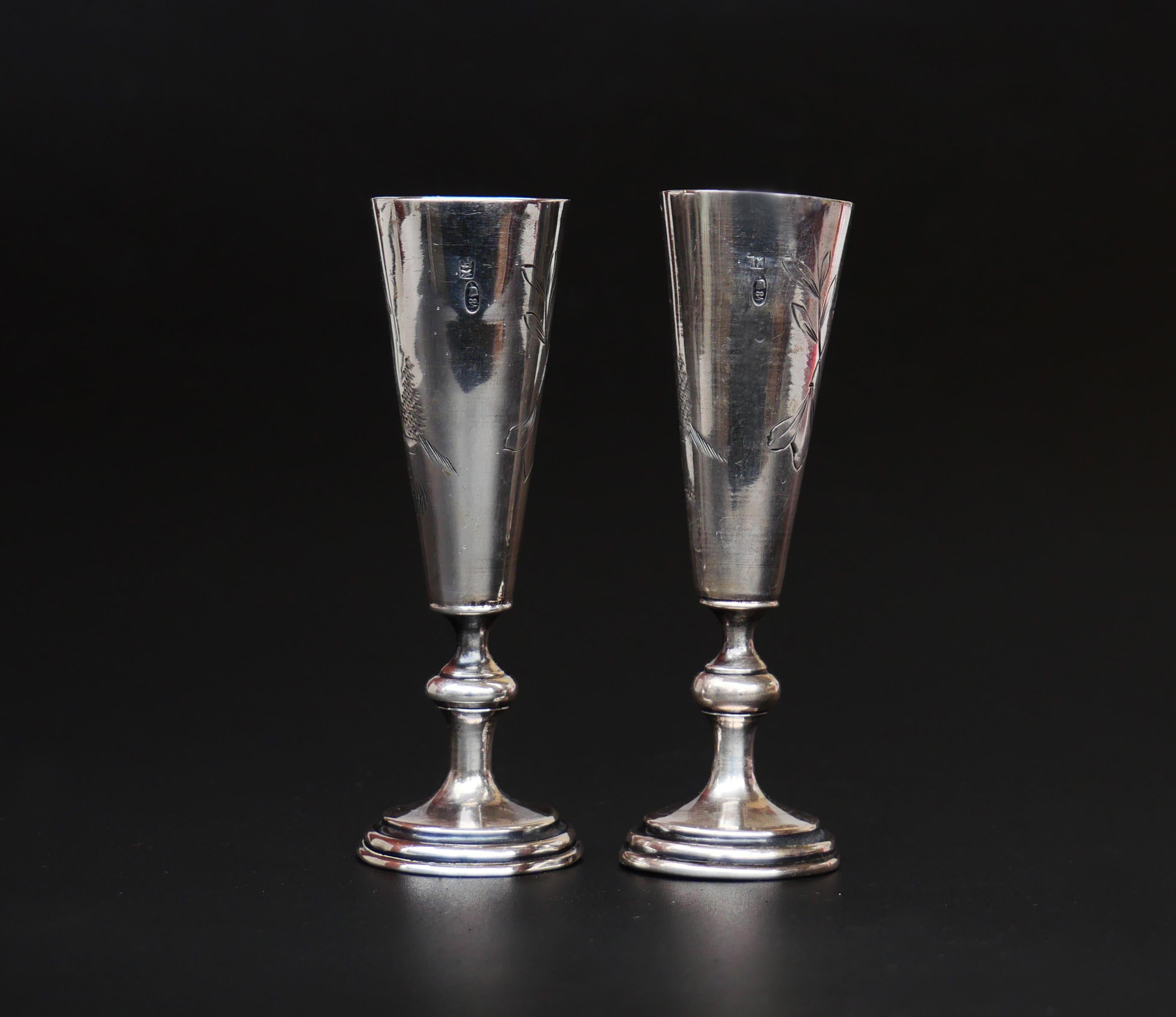Russian Empire Two Antique Russian 84 Sterling Silver Vodka Stopkas Shots Beakers Jiggers / 49g For Sale