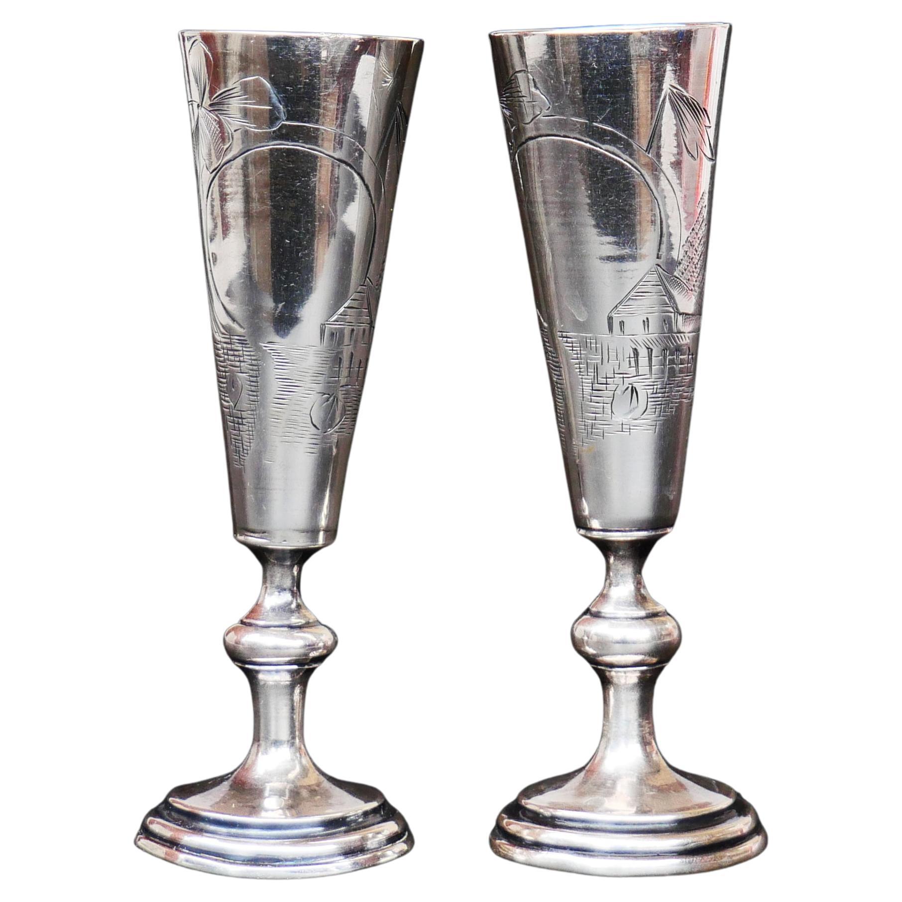 Two Antique Russian 84 Sterling Silver Vodka Stopkas Shots Beakers Jiggers / 49g For Sale